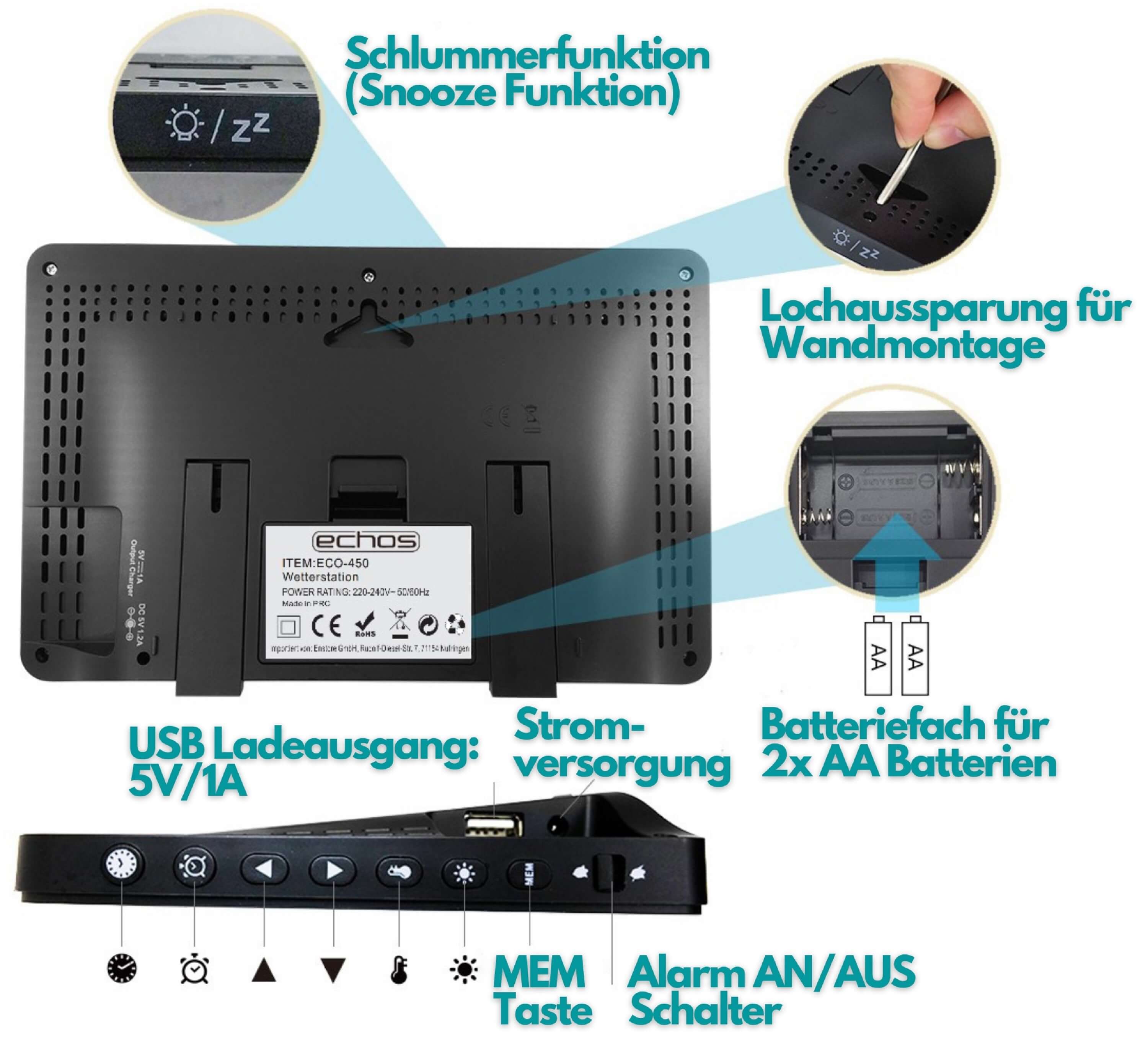 echos Eco-450 Funkwetterstation (mit Funk-Außensensor, Wettervorhersage,Farbdisplay,Funk-Außensensor mit LCD-Display)