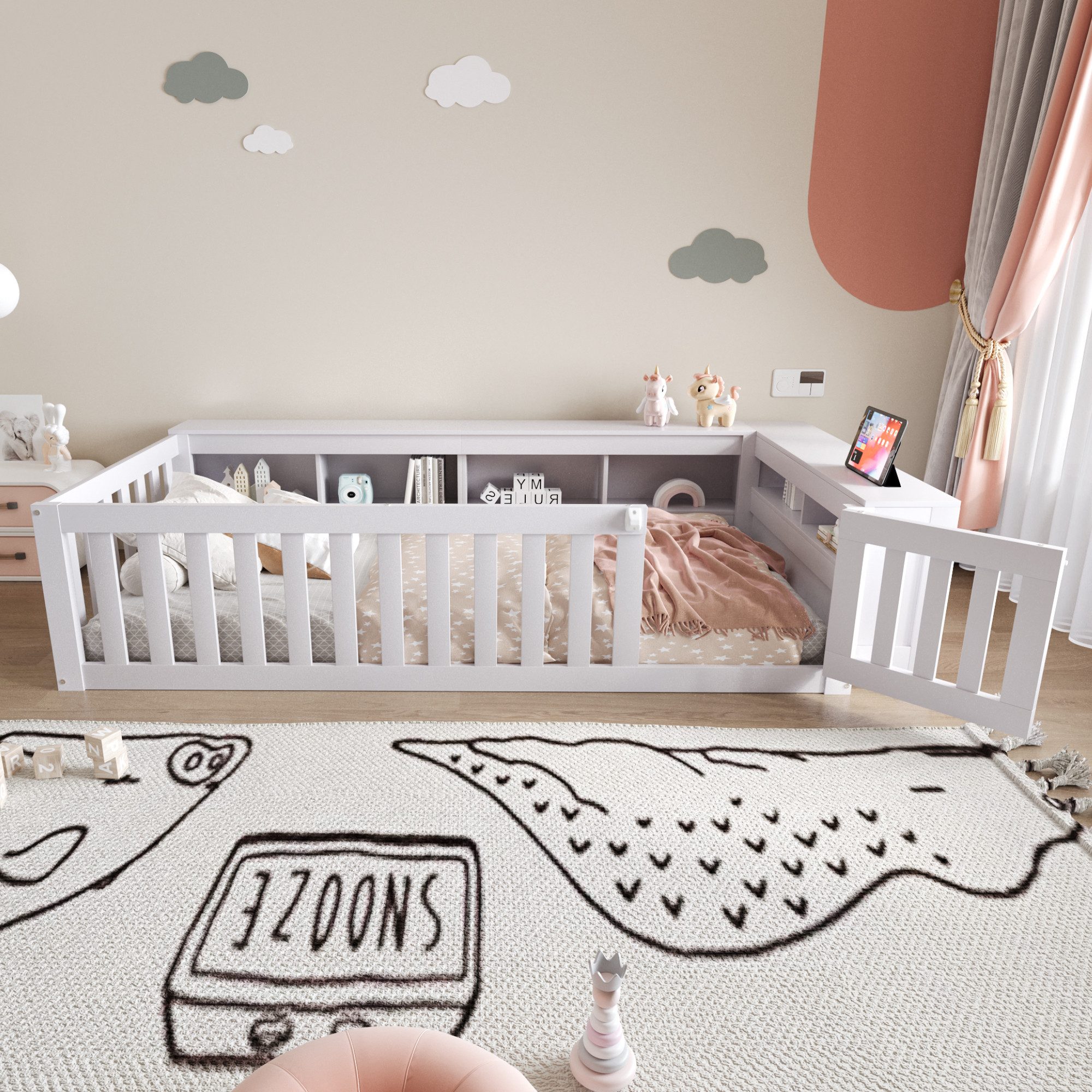 REDOM Kinderbett mit Stauraum, Sicherheitsgitter & Tür (Stauraumbett Holzbett mit integrierten Ablagefächern 90x200 cm, Perfekt für Jungen & Mädchen), ohne Matratze