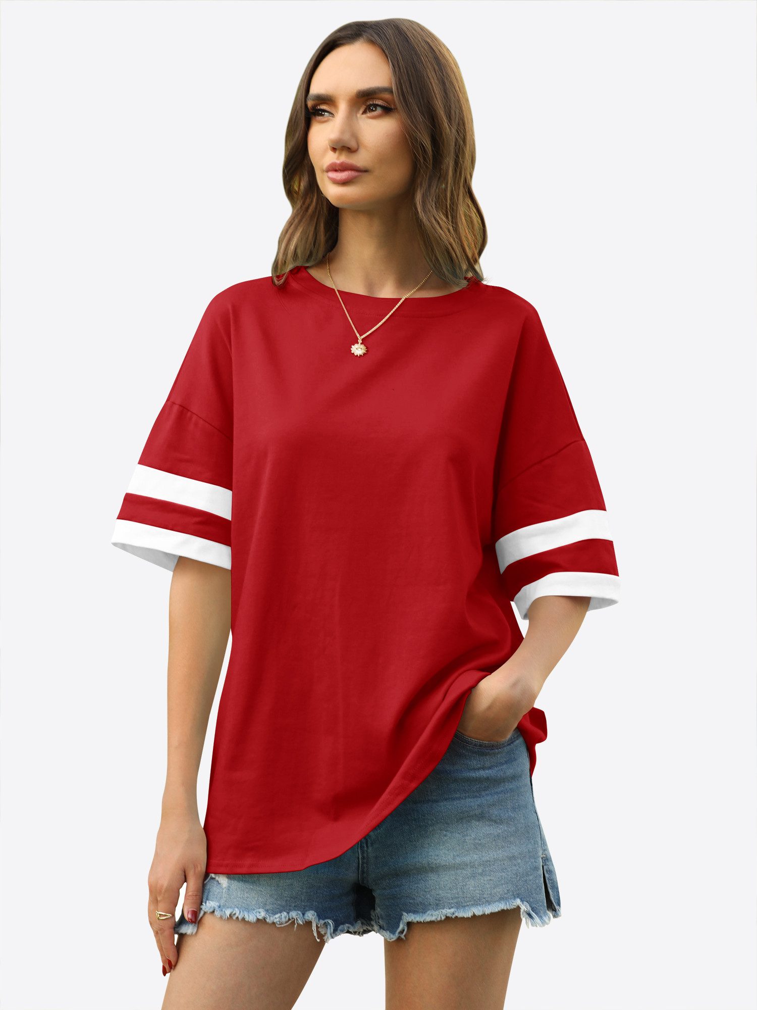 Imily Bela Kurzarmshirt Oversized T-Shirt Rundhalsausschnitt Loose Lässig (Packung, 1-tlg., 1per-Pack) mit Kontraststreifen an den Ärmeln