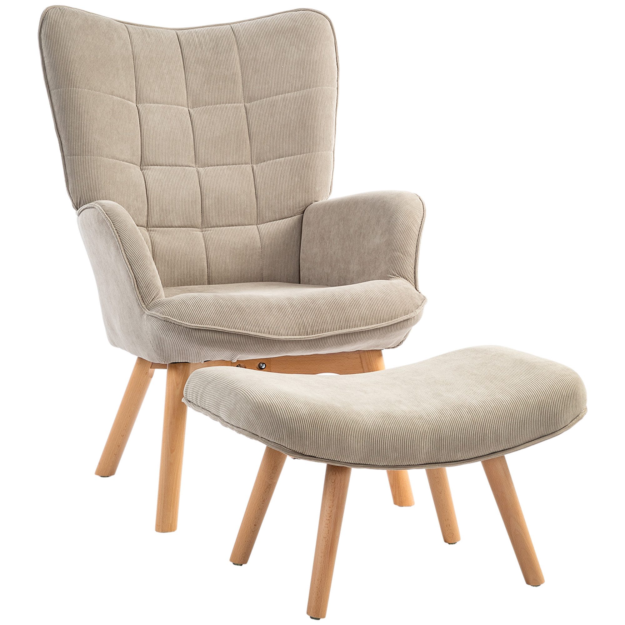 OKWISH Loungesessel Relaxsessel Freizeitstuhl Fernsehsessel (Ohrensessel mit Hocker in Cord-Optik – Relaxsessel mit Holzbeinen & Ottomane, gemütlich gepolstert für Wohnzimmer & Leseecke., Sessel: 72L x 80B x 101H cm. Ottomane: 65L x 43B x 38H cm), mit Relaxfunktion