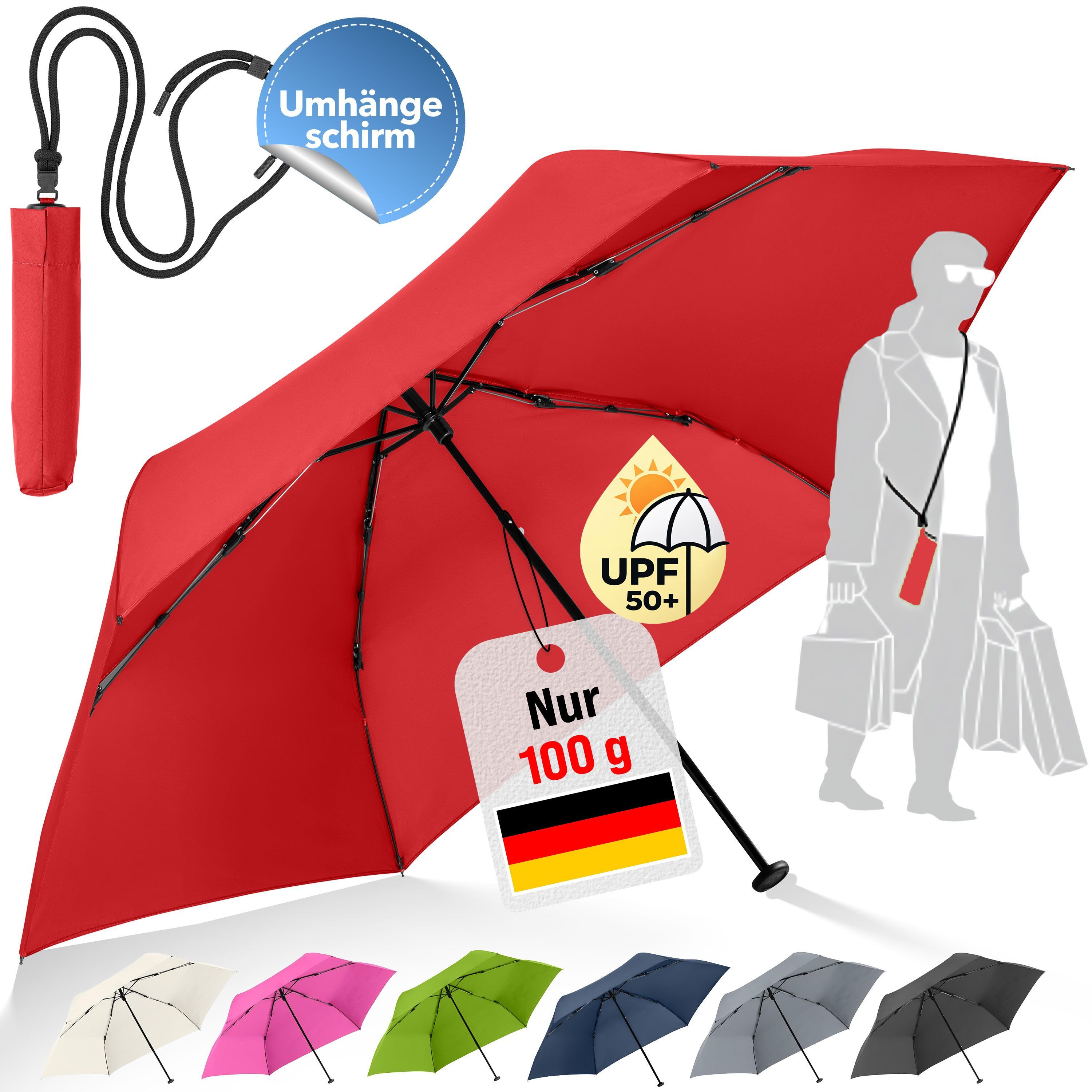 FARE Taschenregenschirm FiligRain ToGo, inkl. Umhängetasche, 100g leicht, UPF 50+, Windproof-PLUS, Sicherheitsschieber, Recyclingbezug, 88 cm