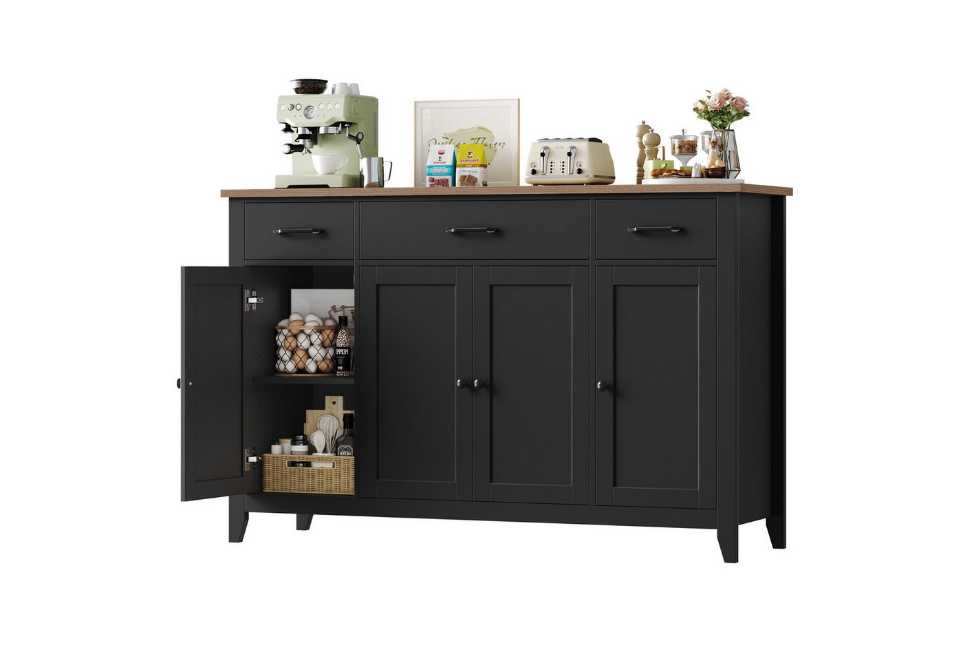 HOMECHO Sideboard 140 cm, Küchenschrank mit 3 Schubladen & 4 Türen, Höhenverstellbare