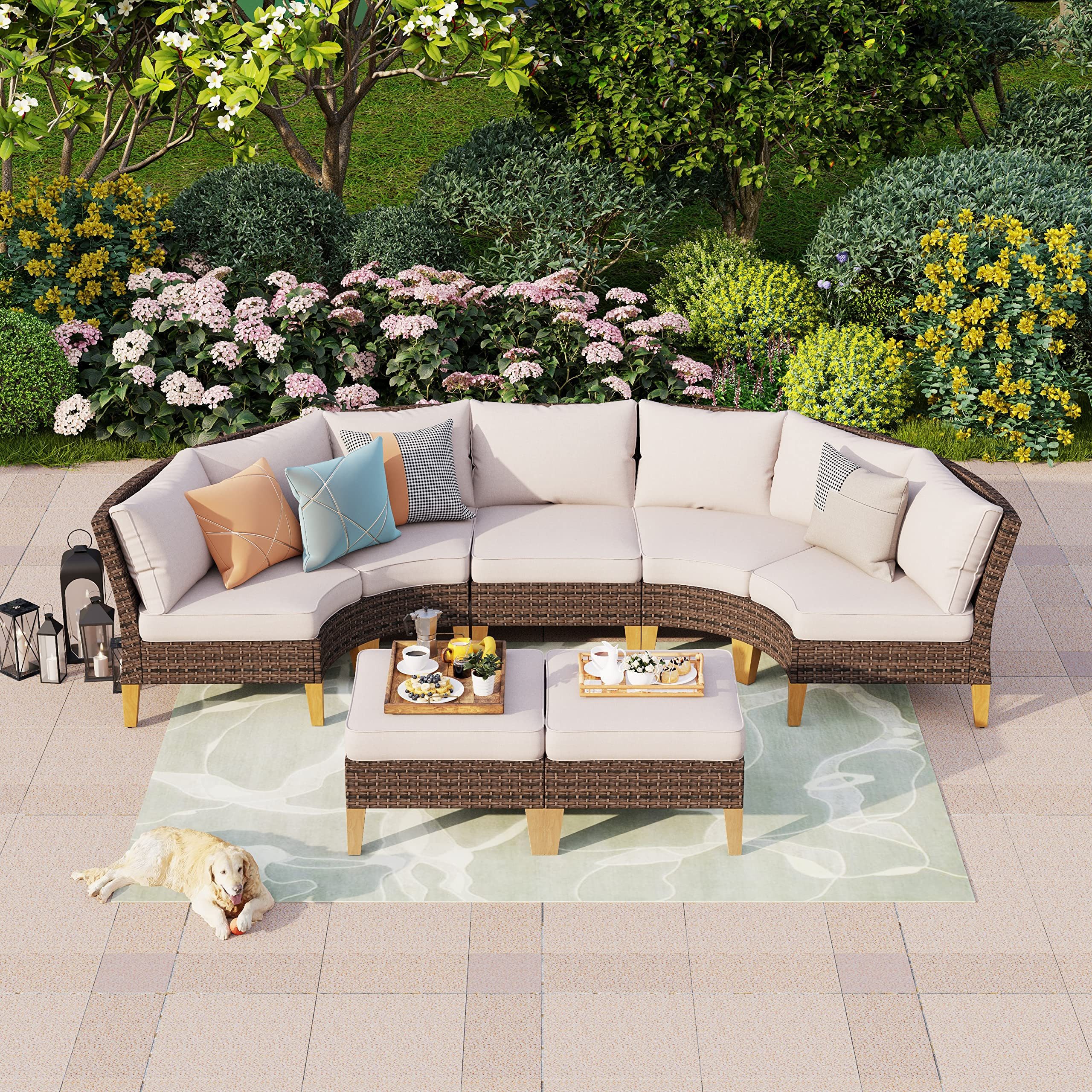 PHI VILLA Gartenlounge-Set, (4 x Fächer-Sofa, 1 x Armloser Stuhl, 2 x Ottomane, Polyethylen-Rattan)