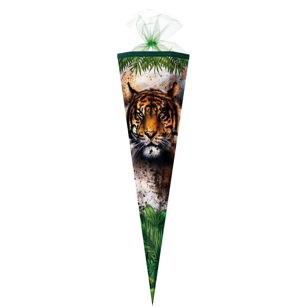 Nestler Schultüte Tiger, 85 cm, eckig, mit grünem Tüllverschluss | Schultüten