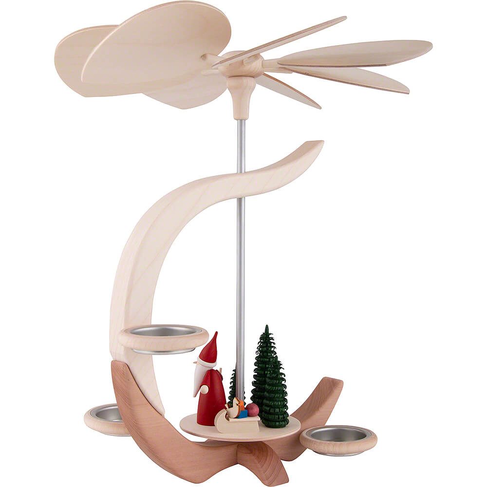 Seiffener Volkskunst Weihnachtspyramide 1-stöckige Pyramide C-Form Weihnachtswichtel mit Schlitten (30cm) von