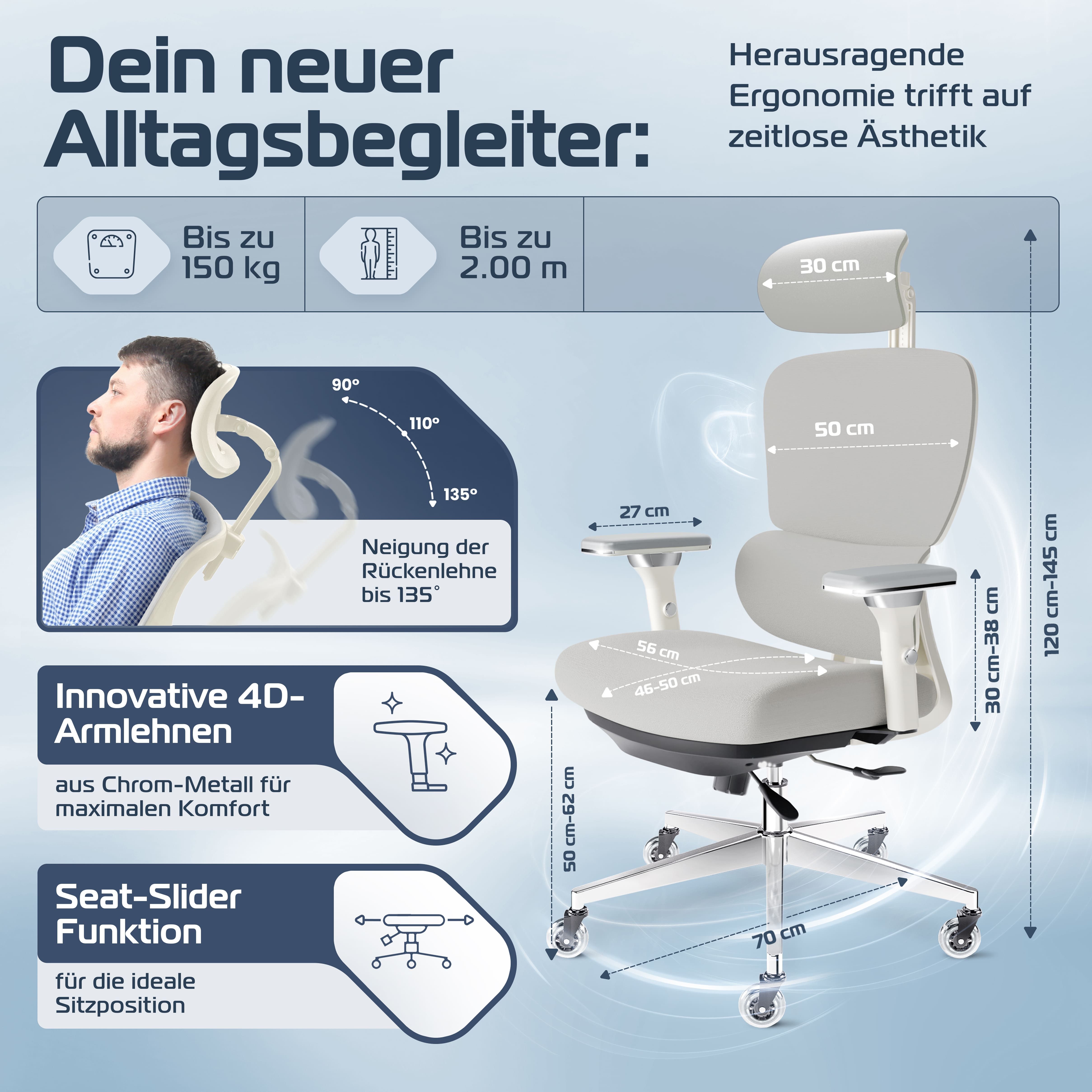 CLOUVOU Bürostuhl Ergonomisch, Schreibtischstuhl bis 150 kg - Testsieger (P günstig online kaufen