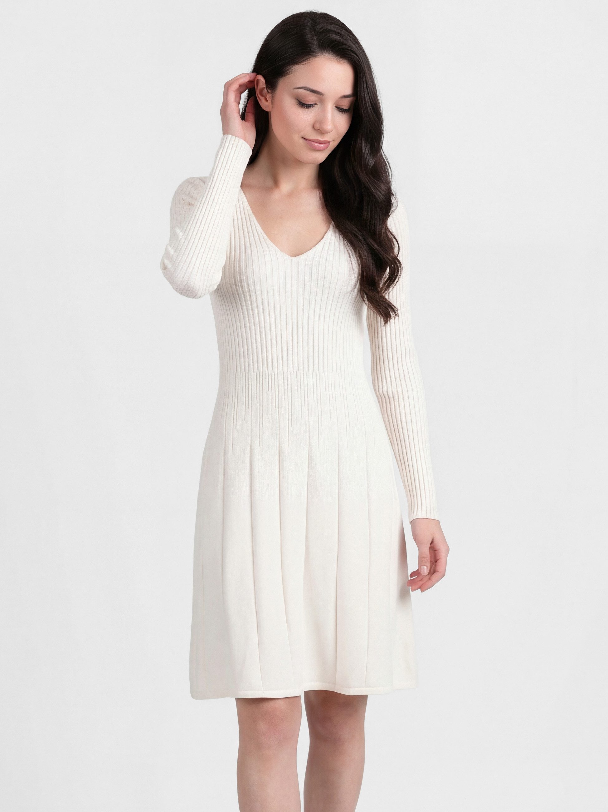 PEKIVESSA Strickkleid Kurzes Ripp-Strickkleid tailliert mit feminin tiefem V-Ausschnitt