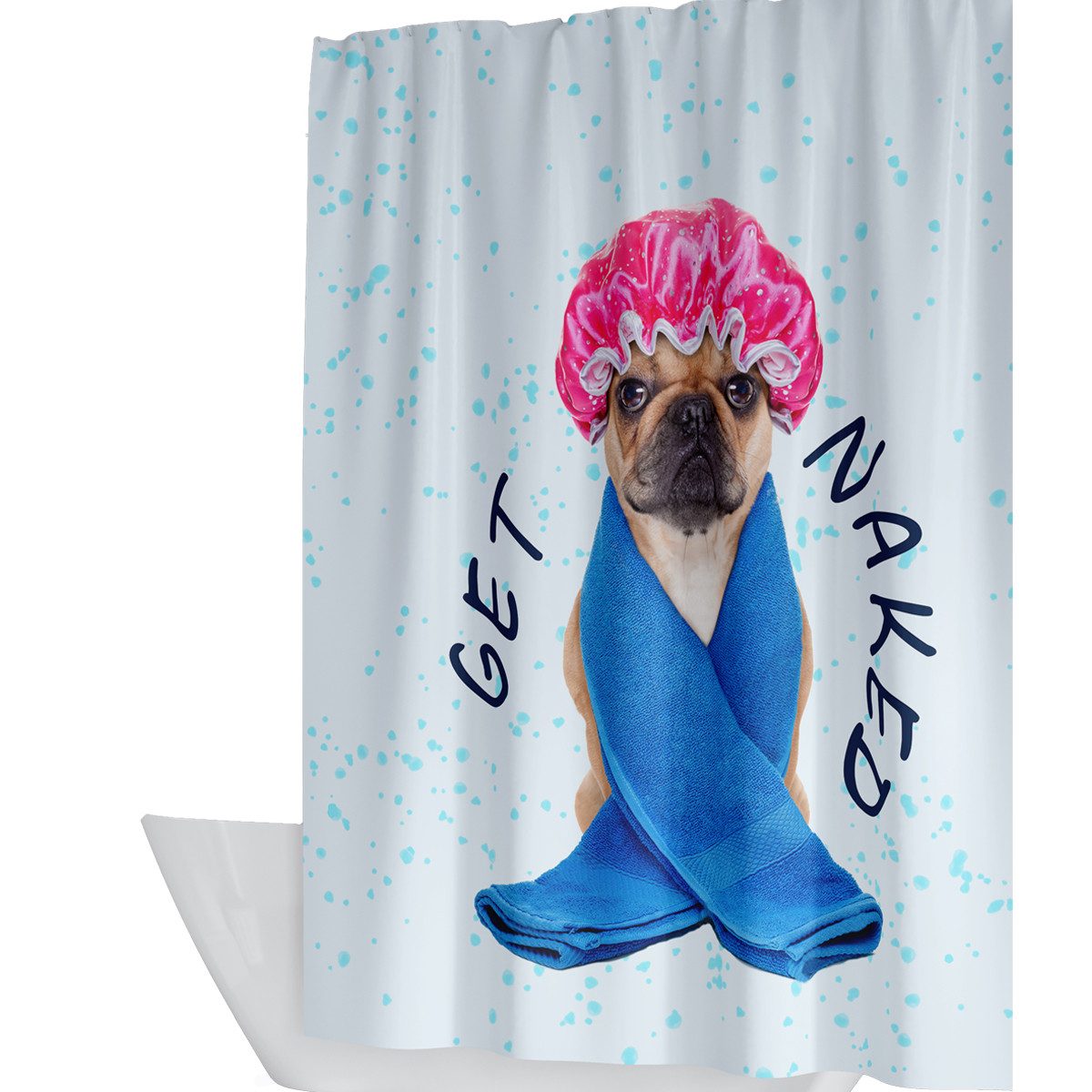 Ekershop Duschvorhang Textil Digitaldruck GET NAKED HUND BADEN für Duschstange Breite 240 cm (inkl. Ringe), Höhe 200 cm, wasserabweisend, waschbar, bügelbar