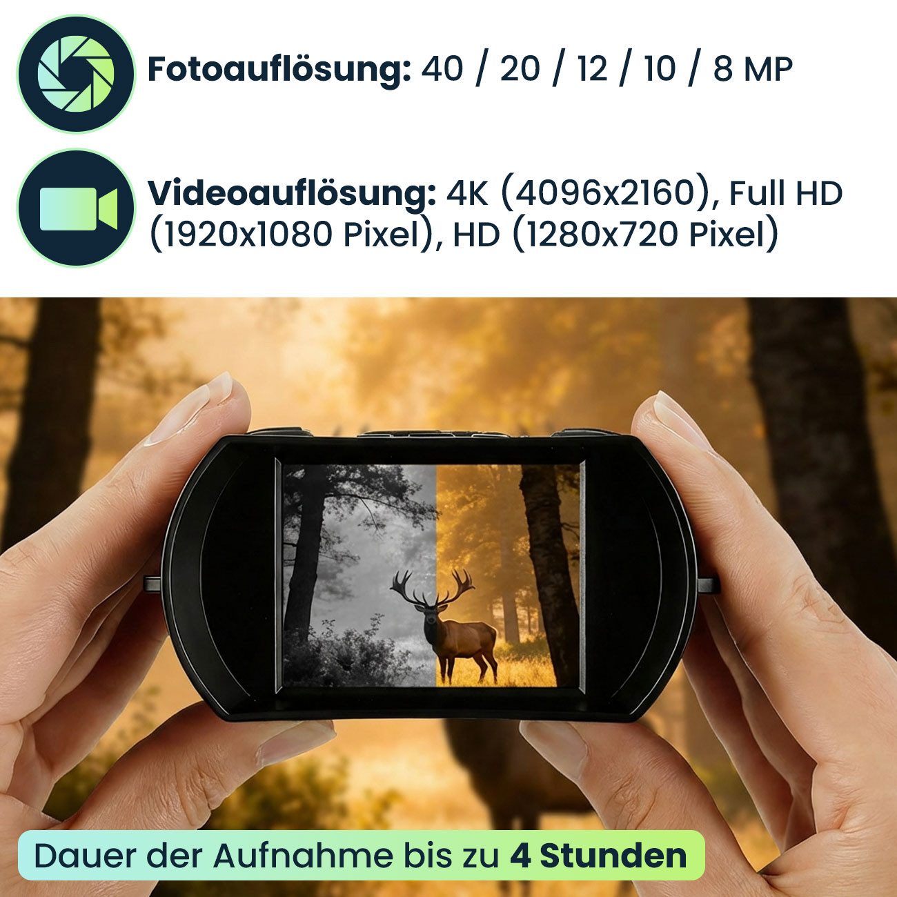shop'n smile ideoon Nachtsichtgerät Profi 4K IR Nachtsichtkamera Binokular 500m 2,4 IPS HD Display, Infrarot-Licht, Leistung 5 Watt, IP20, Li-Ion Akku 2.000 mAh