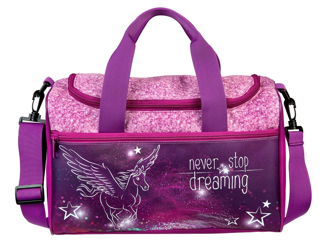 Familando Sporttasche Pegasus, Tasche Violett mit Pferde Motiv, mit verstellbaren Schulterriemen