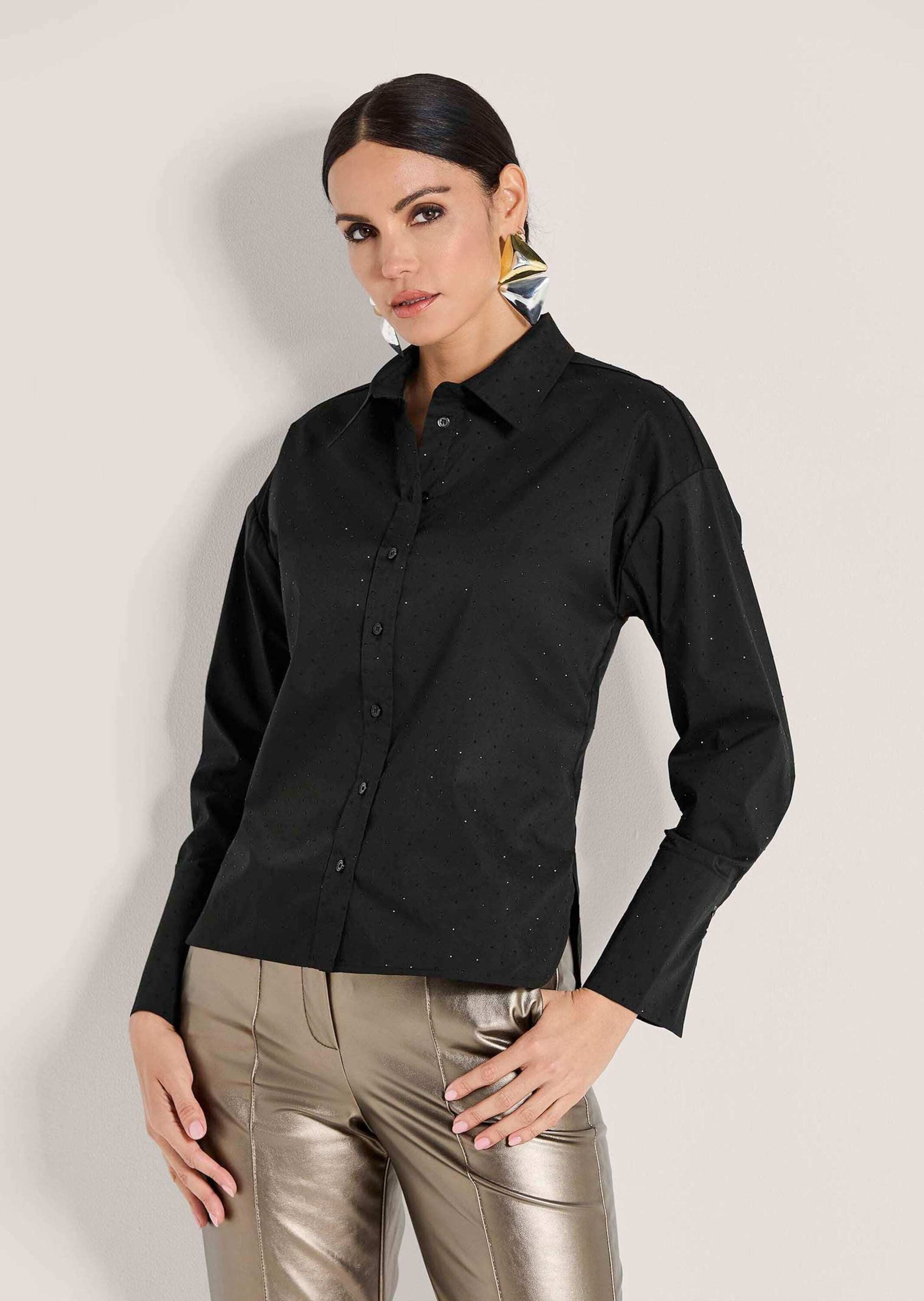 MADELEINE Hemdbluse Elegante Bluse mit Glanzakzenten Hemdkragen, funkelnde Details, verlängerte Rückseite, Langarm
