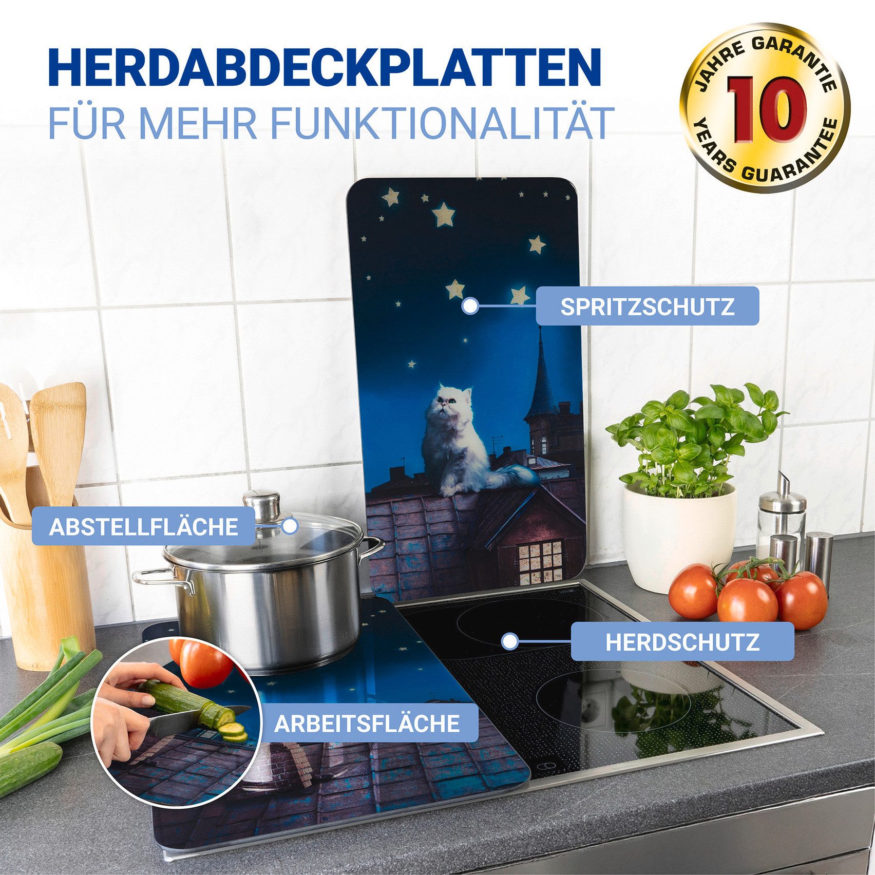 WENKO Herd-Abdeckplatte Universal Modell Moon Cat, Glas, (Set, 2 tlg), Herdabdeckung für alle Herdarten, kratzfest, mit rutschfesten Füßen