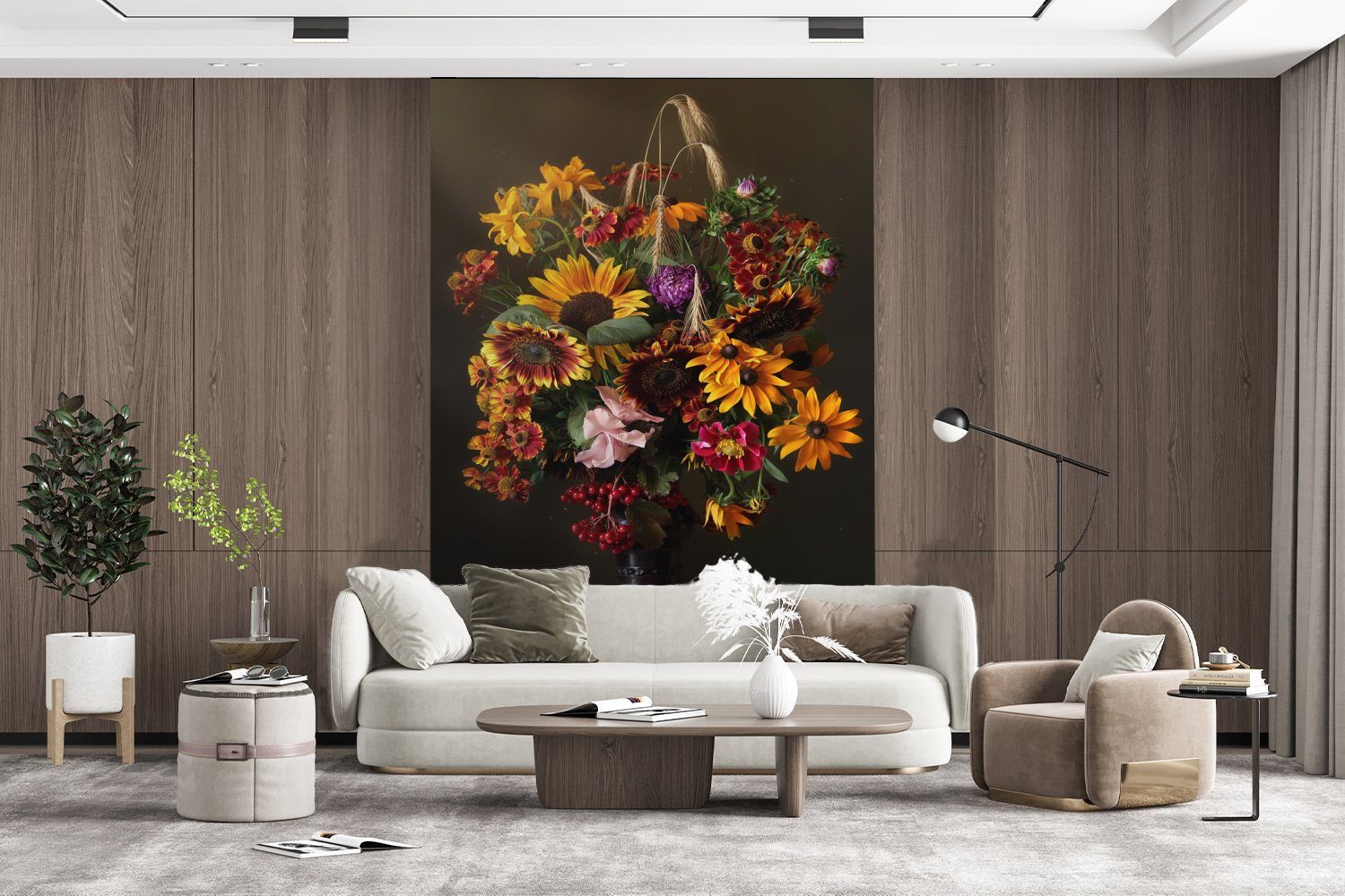 Wohnzimmer, - Stilleben, St), für (3 MuchoWow bedruckt, Fototapete Vinyl Blumenstrauß Tapete - Farben Montagefertig Matt, Wandtapete