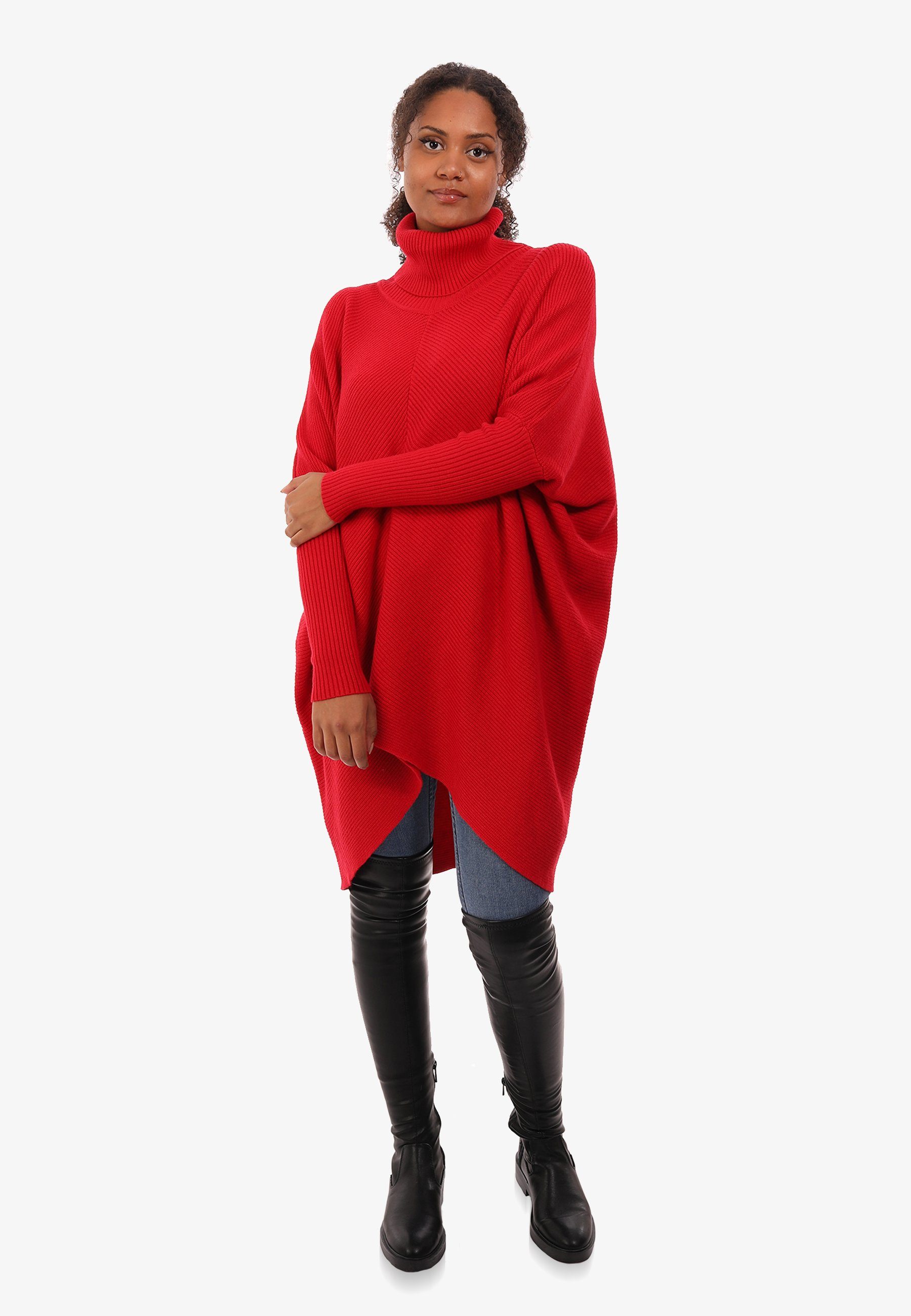 YC Fashion & Style Longpullover asymmetrisch Unifarbe, (1-tlg) Rollkragen Schultern Plus Strickpullover mit Size rot überschnittenen mit in