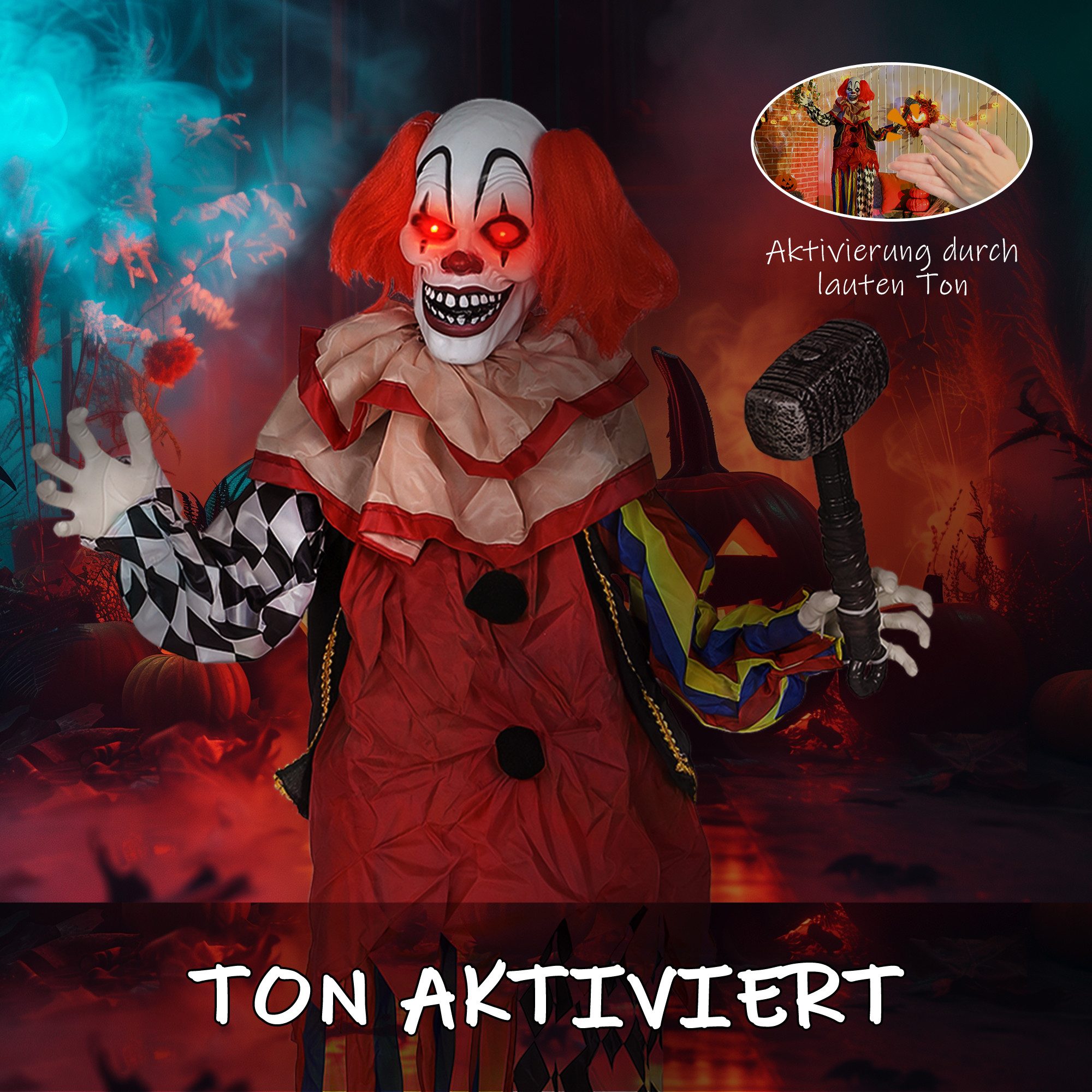 Outsunny Dekofigur mit leuchtenden Augen, beweglichen geräuschaktivierten Arme Kopf (Halloween Dekoration, 1 St., 173 cm Halloween Clown), mit Hammer, gruselige – Bild 5 von 5