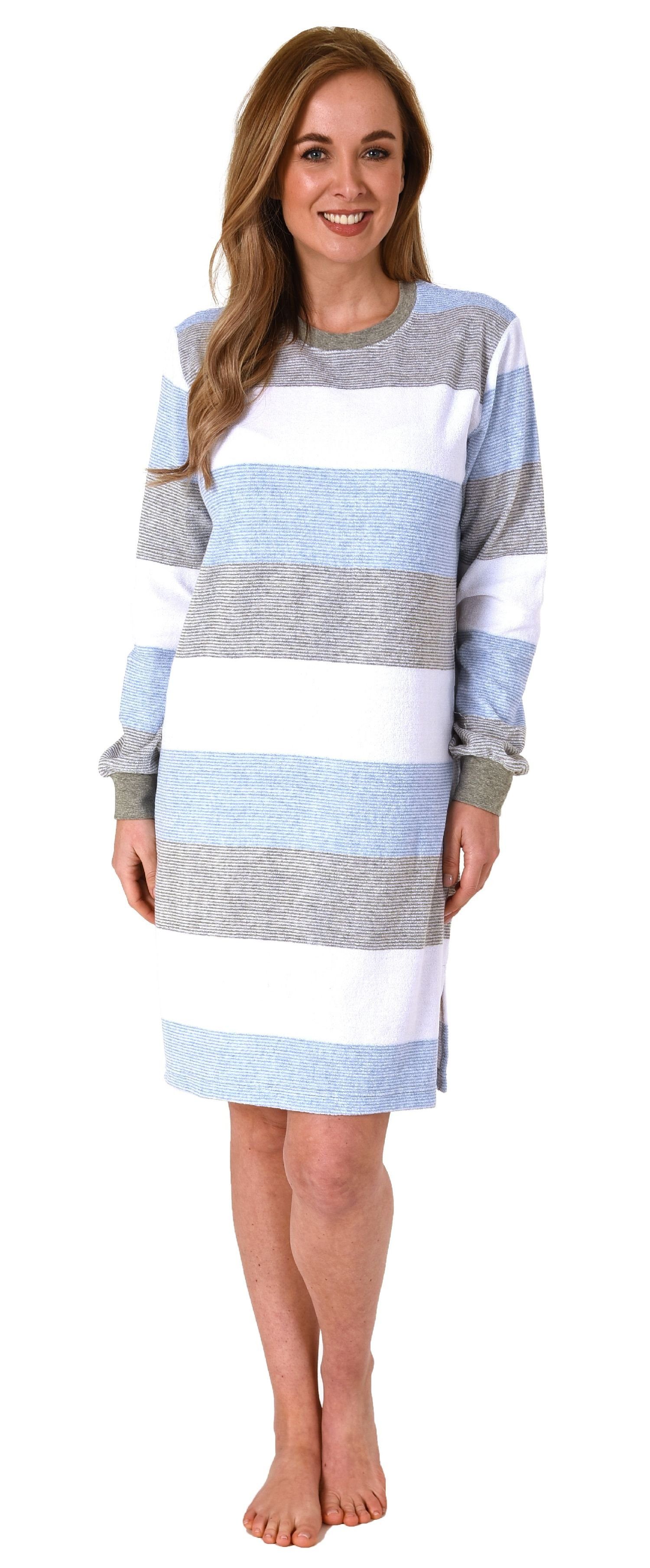Normann Nachthemd Damen Nachthemd mit Block hellblau Bündchen Streifen langarm Look im