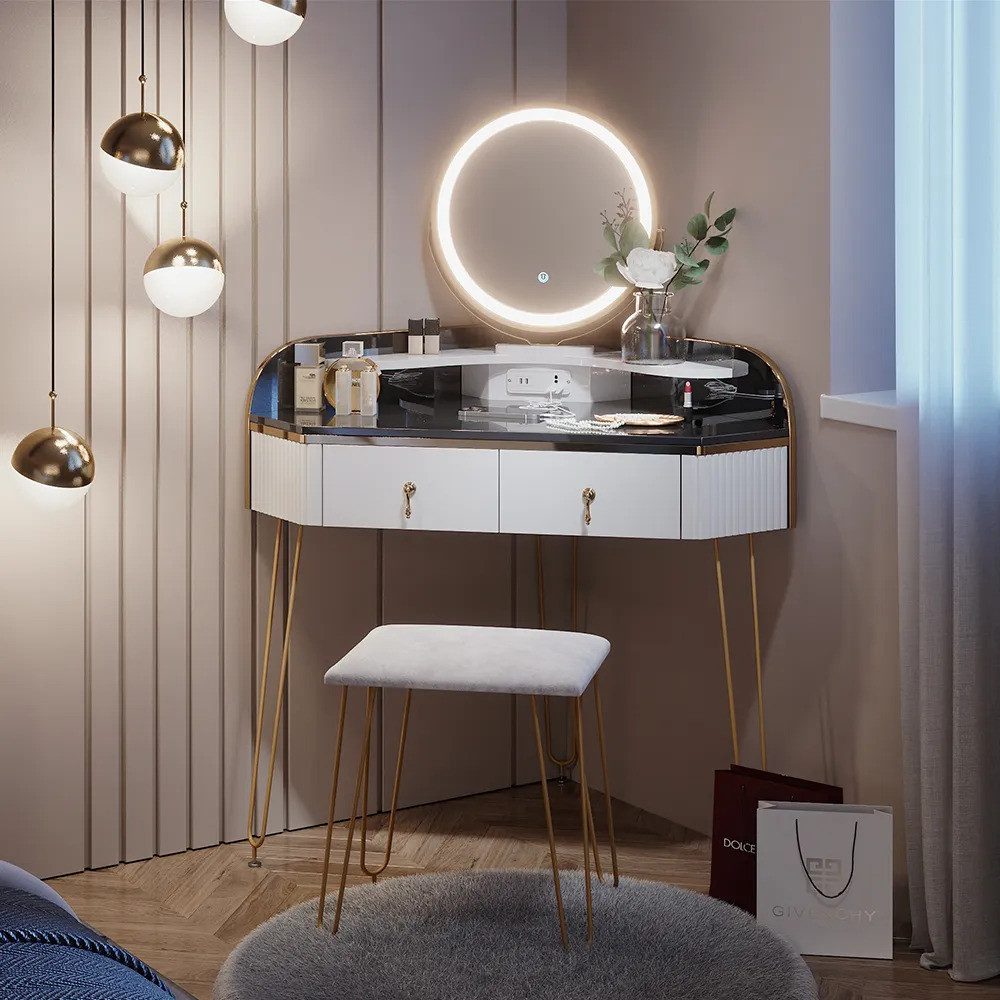 Vicco Schminktisch Amira, Weiß Hochglanz, 99 cm mit LED-Spiegel und Hocker (2-St)