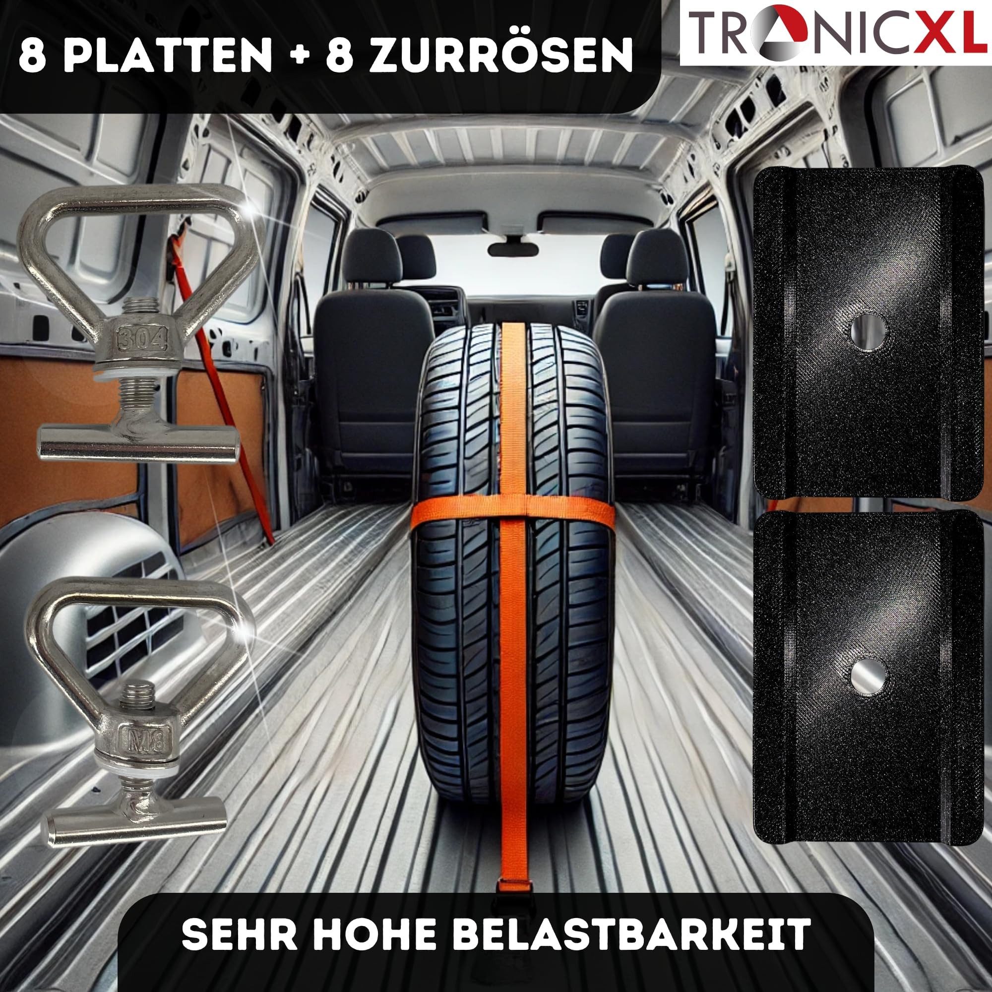 TronicXL Öse 8 Ösen 8 Platten Set Ladungssicherung für VW T5 T6 6.1 Bully Multivan (Zubehör, 8-St., Kofferraum), California Beach Caravelle Führungsschiene