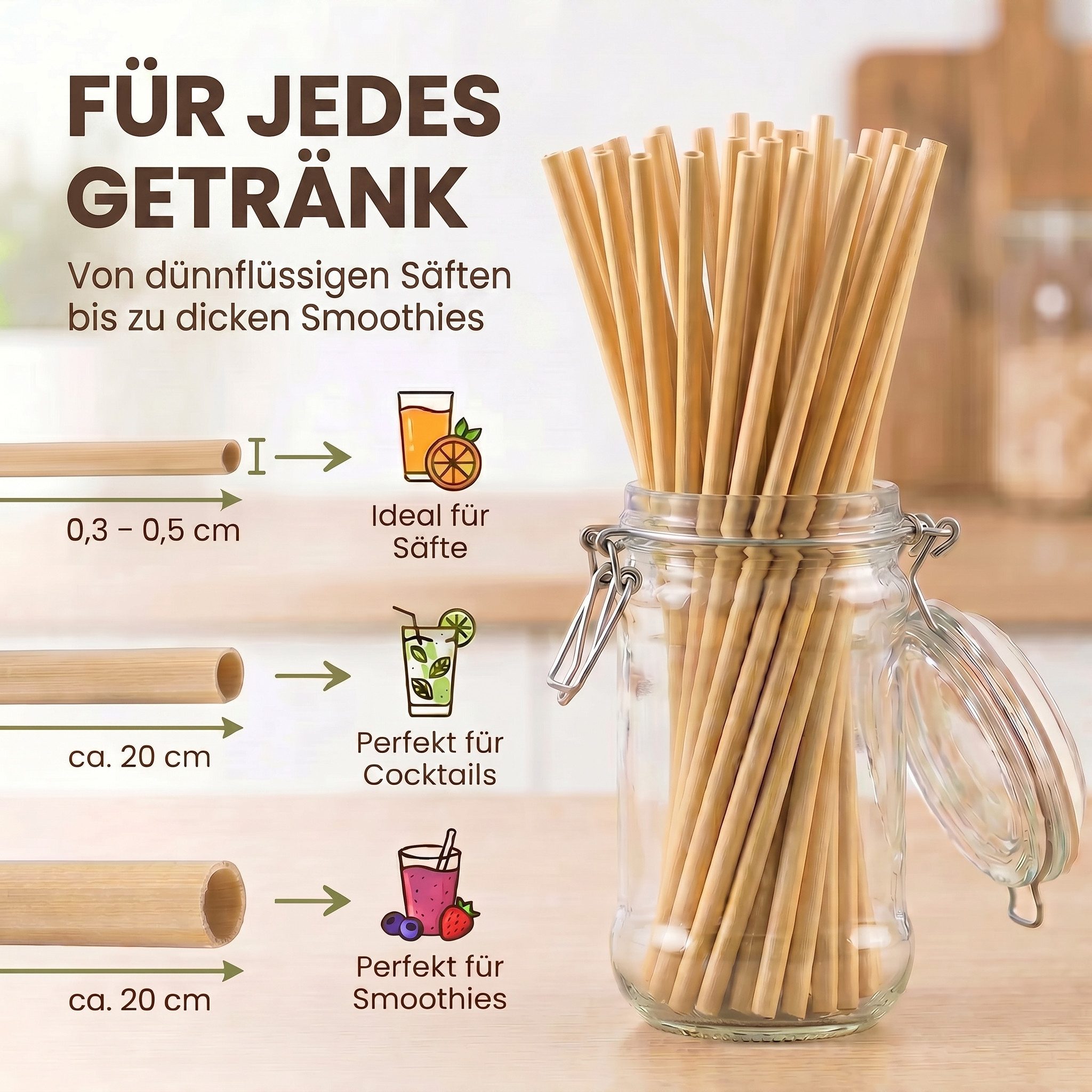 Goods+Gadgets Gläser-Set 100× Getränke-Röhrchen aus Weizen – Kompostierbar, Strohhalme, Strohhalme