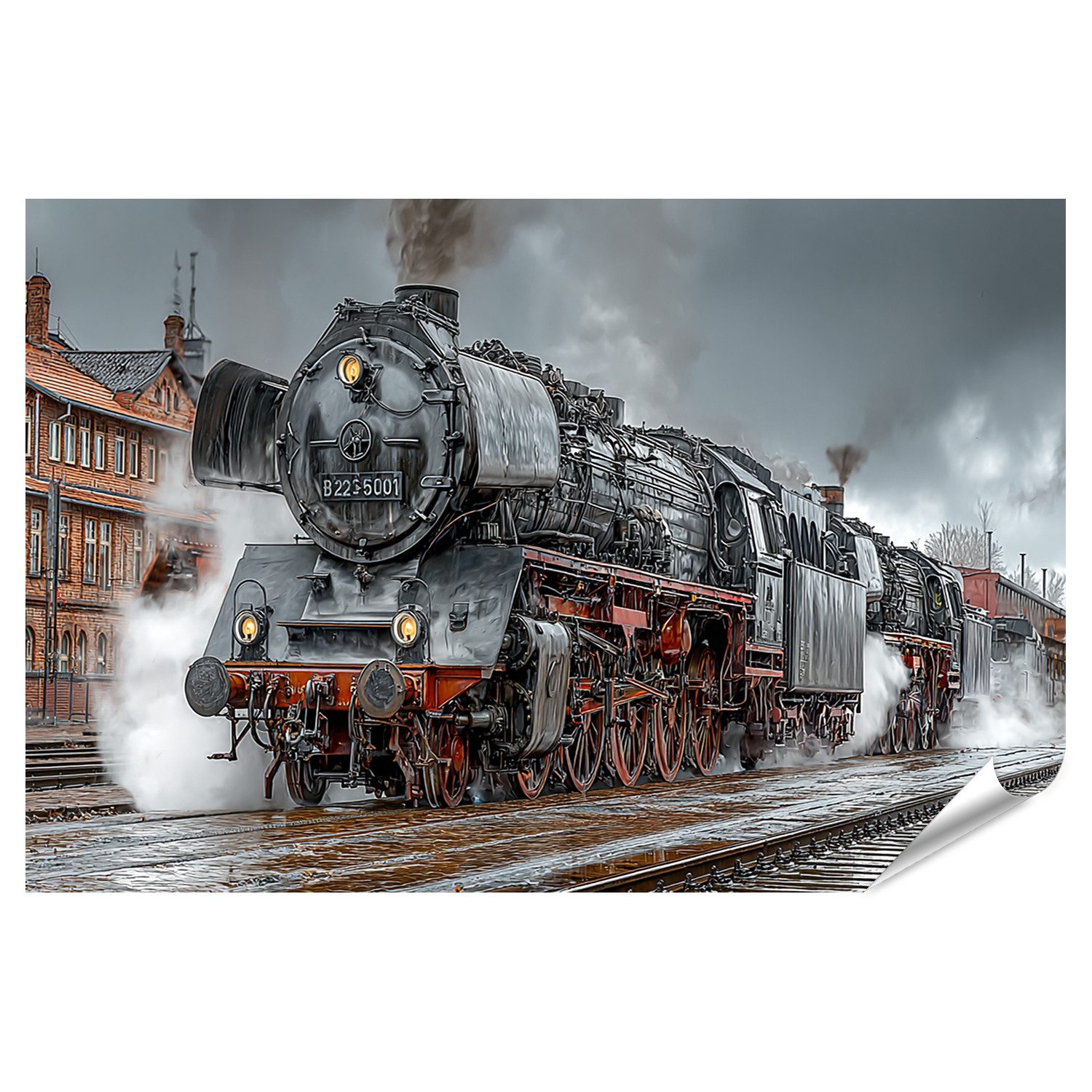 islandburner Poster Nostalgische Dampflok im Bahnhof - Vintage Eisenbahn - Standard
