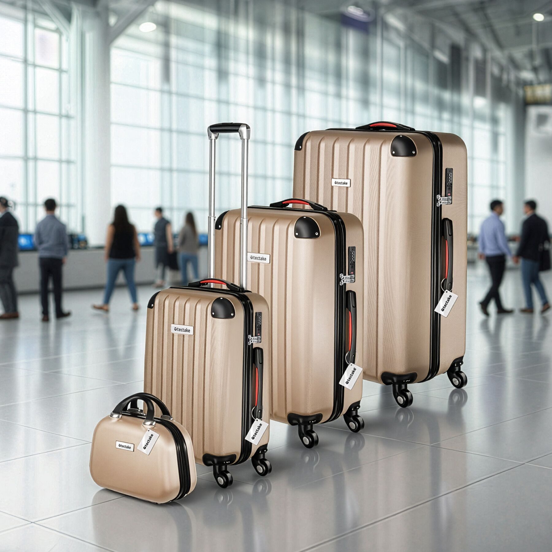 tectake Trolley Hartschalenkoffer-Set 9-teilig mit Kofferwaage und TSA-Zahlenschloss, 4 Rollen, mit Teleskopgriff, 360° drehbare, abnehmbare Rollen, abteilbar