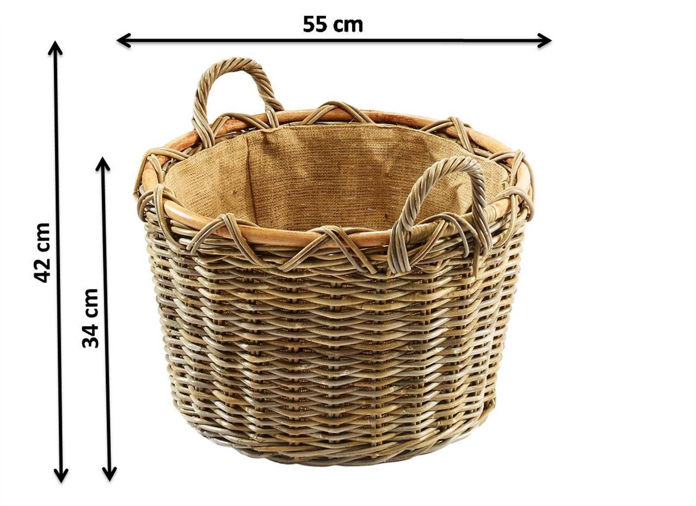 Kobolo Kaminholzkorb Holzkorb rund kubu grey aus Rattan mit Jute