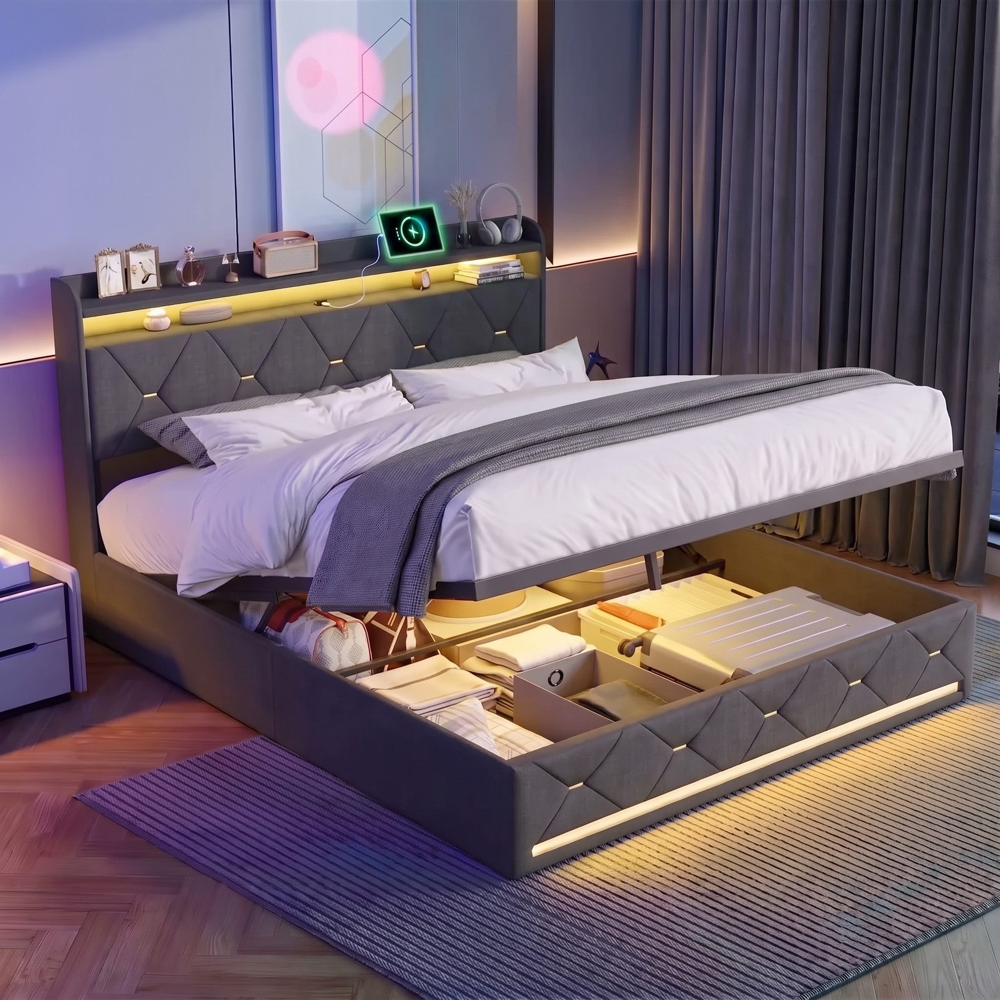 PXloue Polsterbett LED Doppelbett, Bettkasten, Ladefunktion, Leinen, 140x200 cm