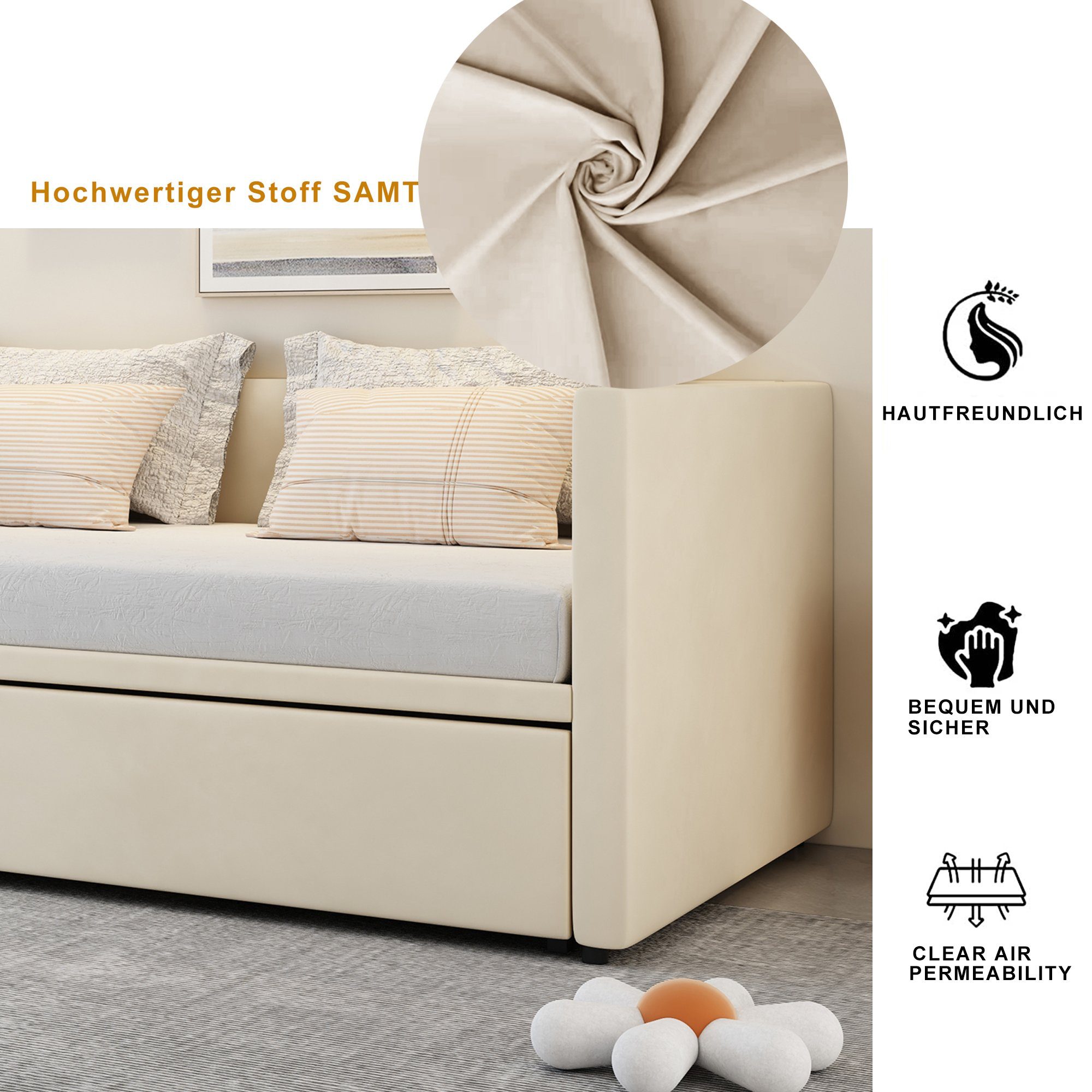 OKWISH Bett Polsterbett Ausziehbares Schlafsofa (Multifunktionsbett aus hautfreundlichem Samtstoff, mit Lattenrosten 90/180*200 cm), ohne Matratze