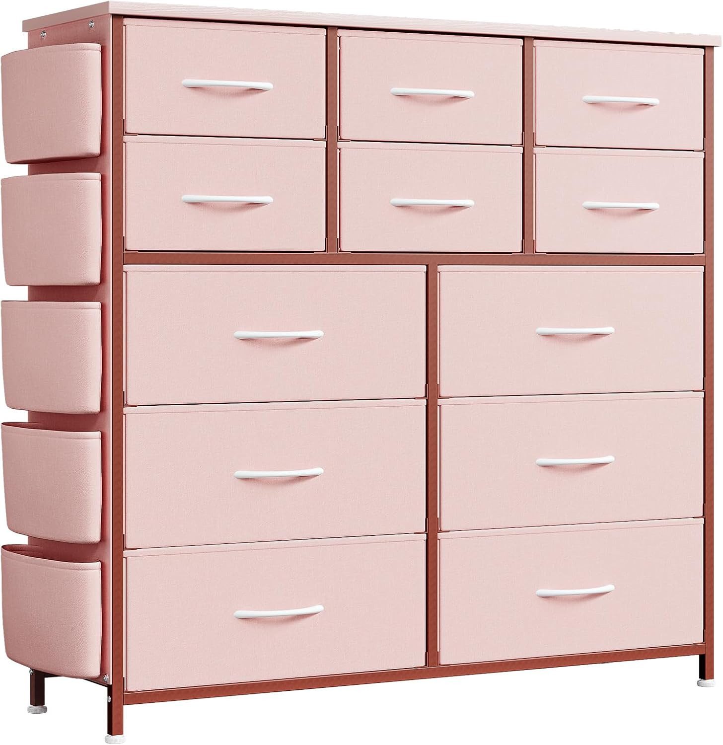 GarveeMore Kommode mit 12 Schubladen,5 Seitentaschen und 2 Haken,stabiler Metallrahmen, 6 mittlere Schubladen und 6 große Schubladen,100x99x30cm