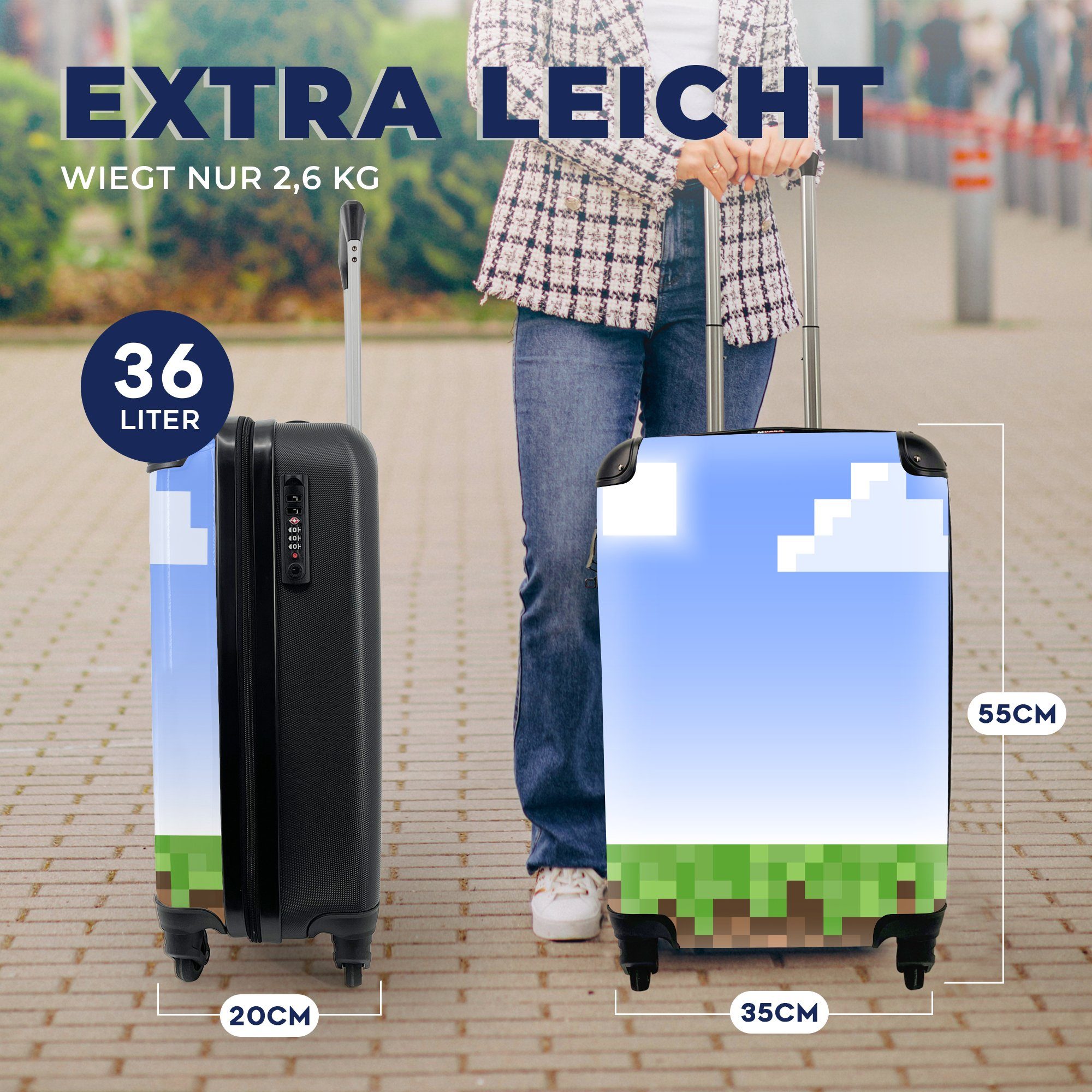 MuchoWow Handgepäckkoffer Spiele - Reisekoffer rollen, für Reisetasche 4 Gras, Handgepäck - Spiele Ferien, - Pixel mit Trolley, Rollen