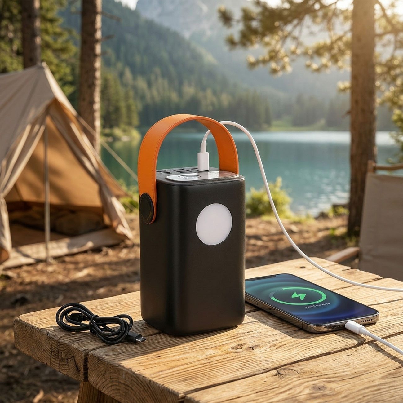 shop'n smile ideoon 100W Powerbank 60000 mAh mit LED-Lampe, Laptop Schnellladegerät Powerbank (Input (USB-C): 5 V DC bis 3 A / 15 Watt 9 V DC bis 3 A / 27 Watt 12 V DC bis 3 A / 36 Watt 15 V DC bis 3 A / 45 Watt 20 V DC bis 5 A / 100 Watt V), mit 100W USB-C PD, Display & 2 dimmbaren LED-Leuchten, Outdoor
