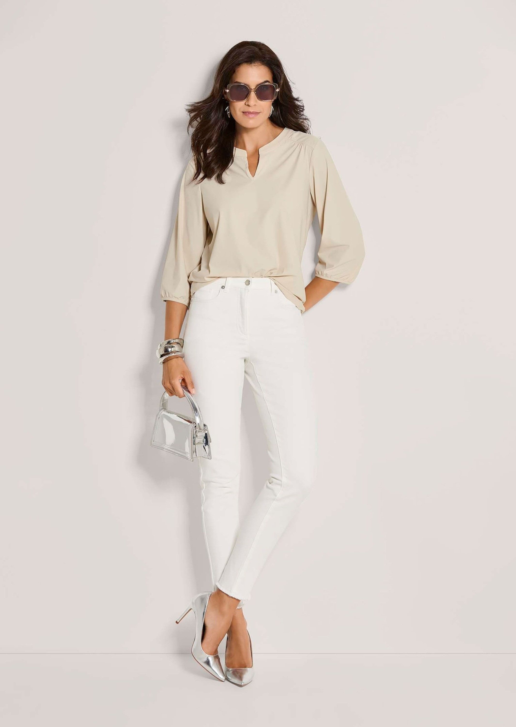 MADELEINE Kurzarmbluse Elegante Schlupfbluse mit V-Ausschnitt Blusenshirt mit Rundhals mit V-Schlitz und 3/4-Ärmeln