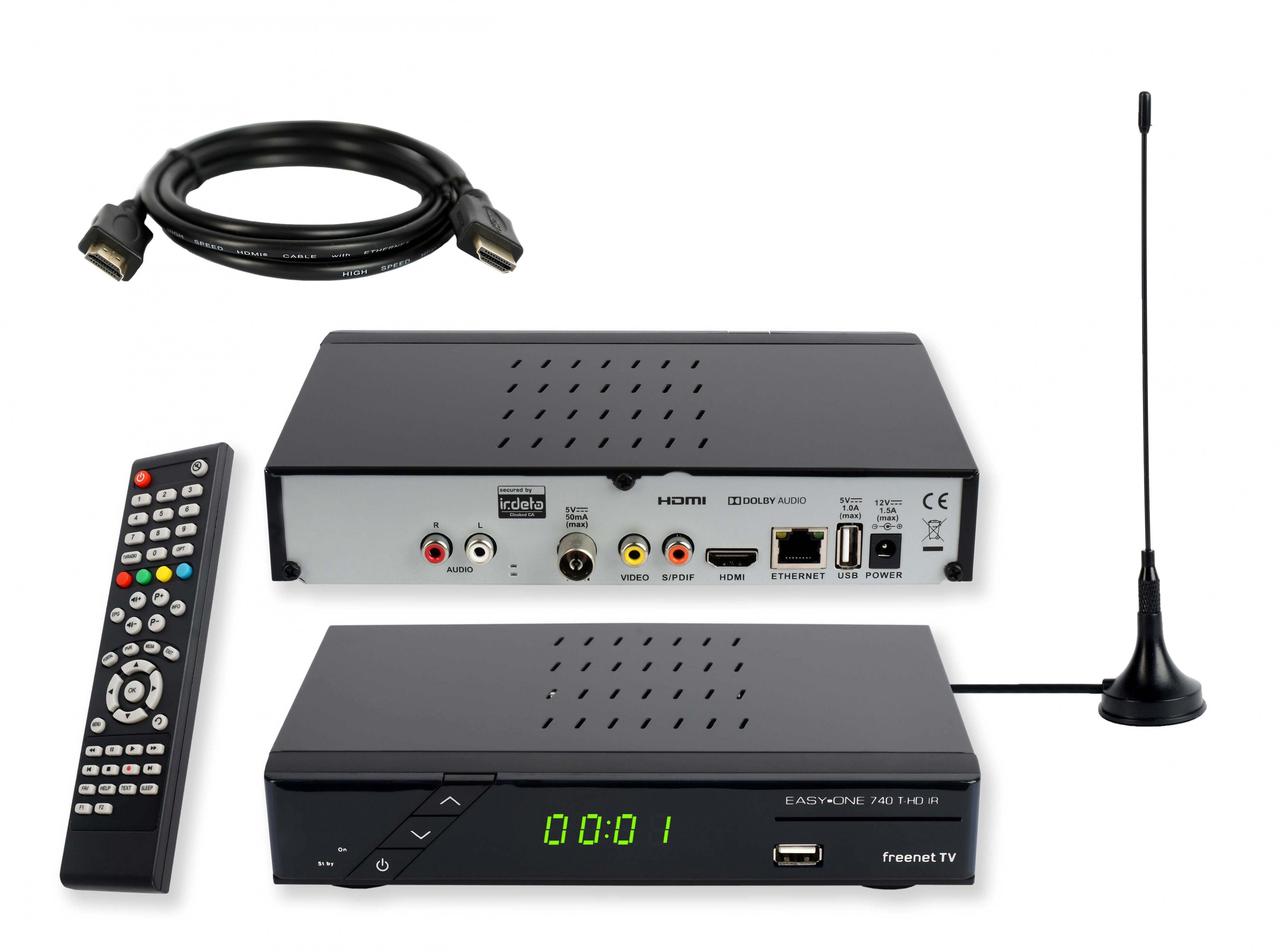 EasyOne 740 HD freenet TV DVB-T2 HD Receiver (2m HDMI Kabel, aktive DVB-T2  Antenne)