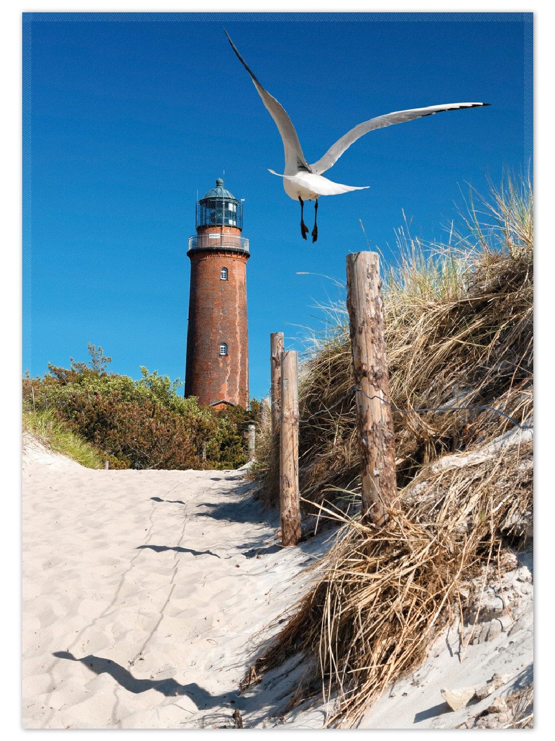 Wallario Teppich Möwe am Strand mit Leuchtturm, rechteckig, rutschfest