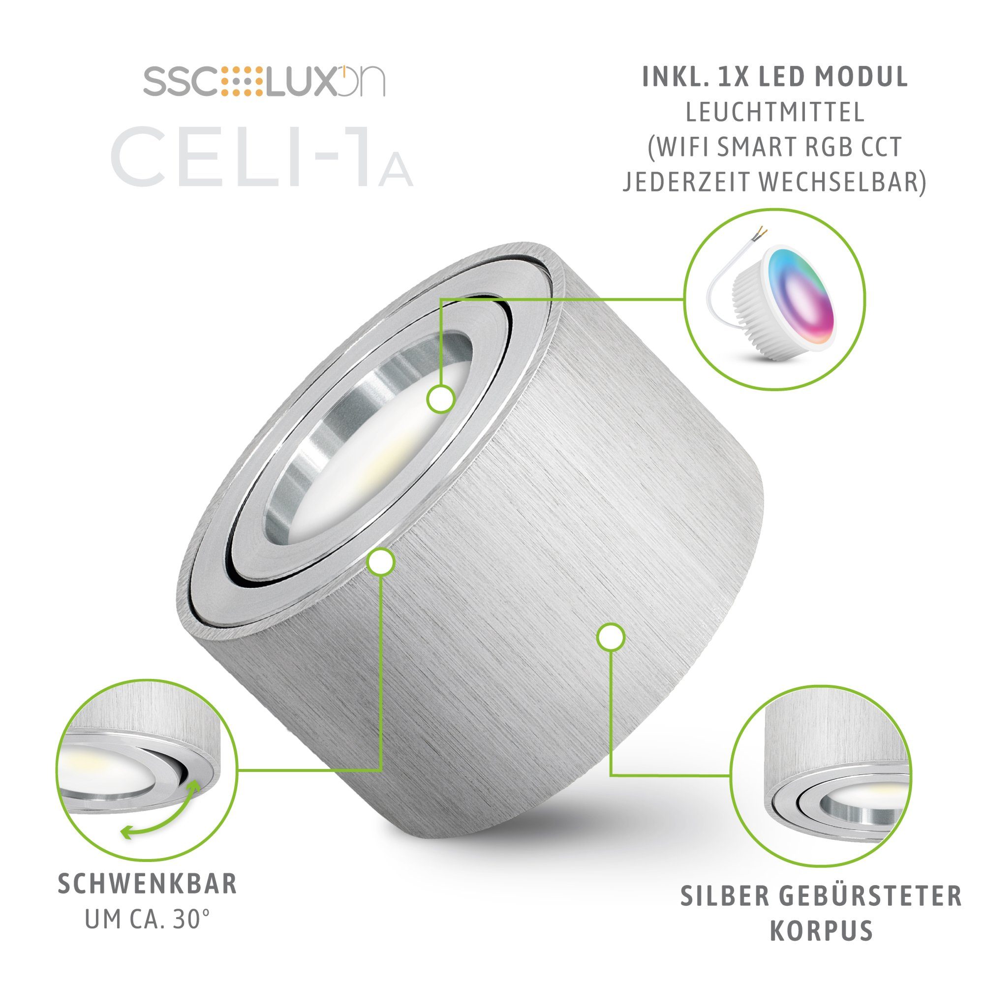 SSC-LUXon LED Aufbaustrahler CELI-1A Aufbaustrahler flach Alu gebuerstet schwenkbar mit WiFi LED, RGB & Weißtöne