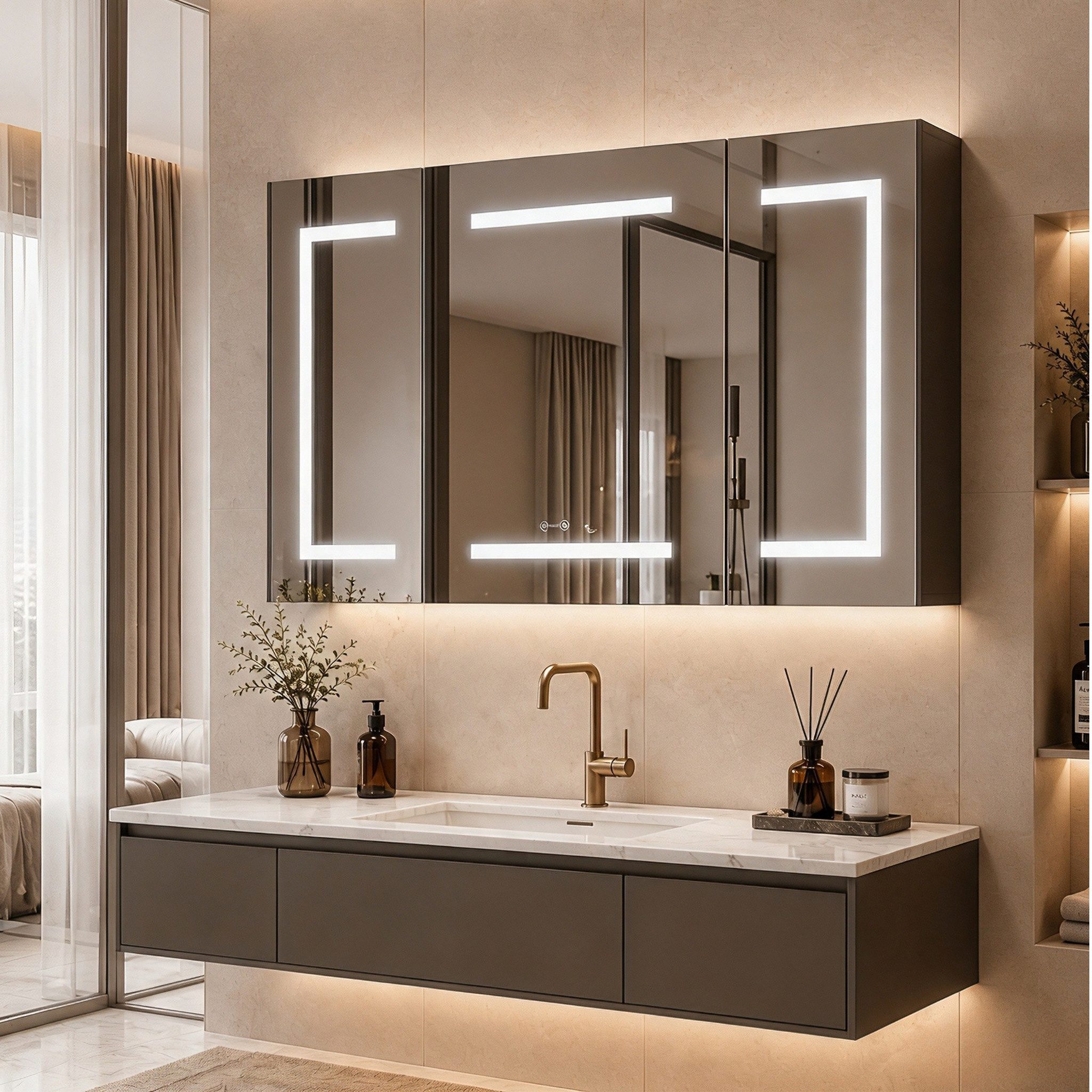 Simurq Badezimmerspiegelschrank LED-Spiegelschrank 100 × 60 cm, 3-türig, 3 Lichtfarben, Anti-Beschlag (Einzelartikel, 1-St., 1 Spiegelschrank) 3 Lichtfarben, Tissue-Auszug