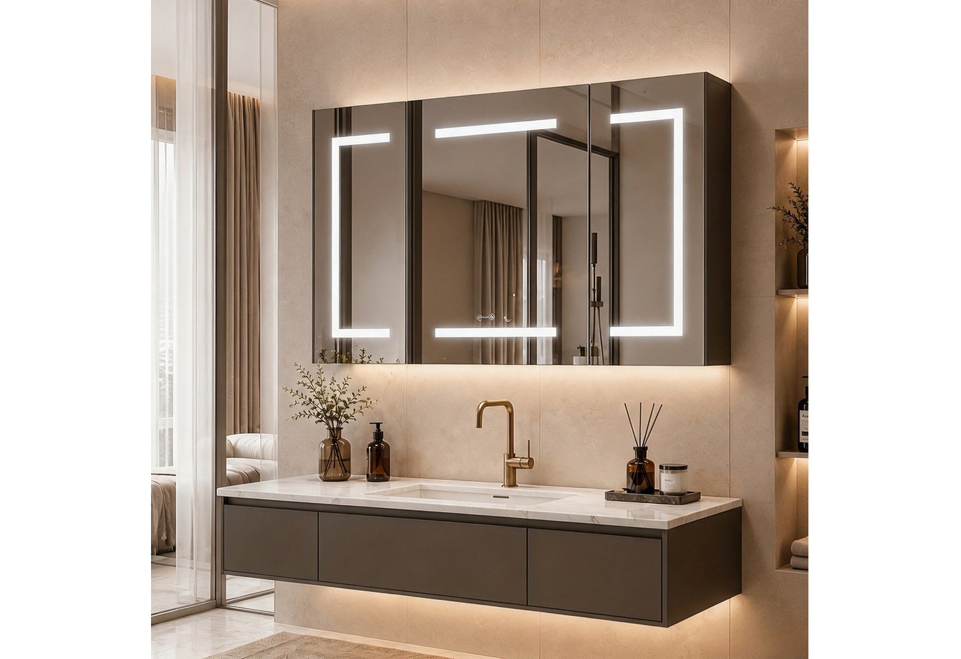 Simurq Badezimmerspiegelschrank LED-Spiegelschrank 100 × 60 cm, 3-türig, 3 Lichtfarben, Anti-Beschlag (Einzelartikel, 1-St., 1 Spiegelschrank) 3 Lichtfarben, Tissue-Auszug