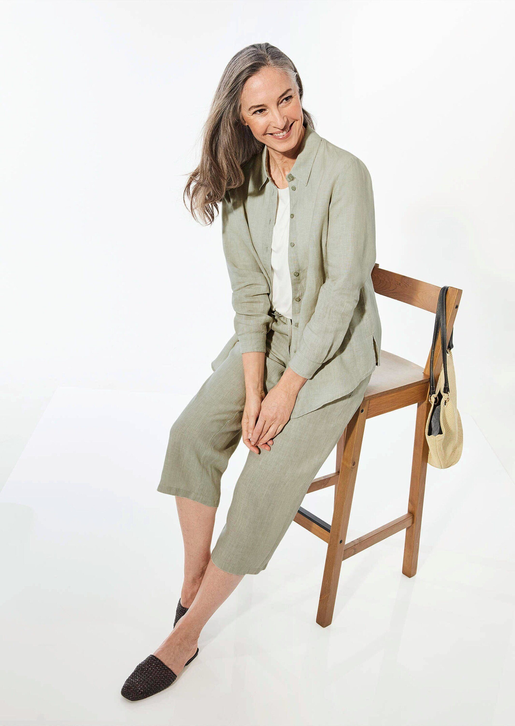GOLDNER Langarmbluse Bequeme Damen Businessbluse Leichte Bluse aus reinem Leinen in Hemdblusenform