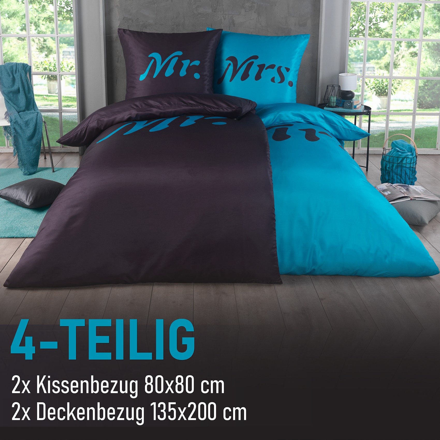 Kuscheli Partnerbettwäsche 2x 135x200 + 2x 80x80 cm atmungsaktiver Bettbezug, Partner Bettwäsche, Mikrofaser, 4 teilig, Für Allergiker geeignet, pflegeleicht, a – Bild 2 von 5