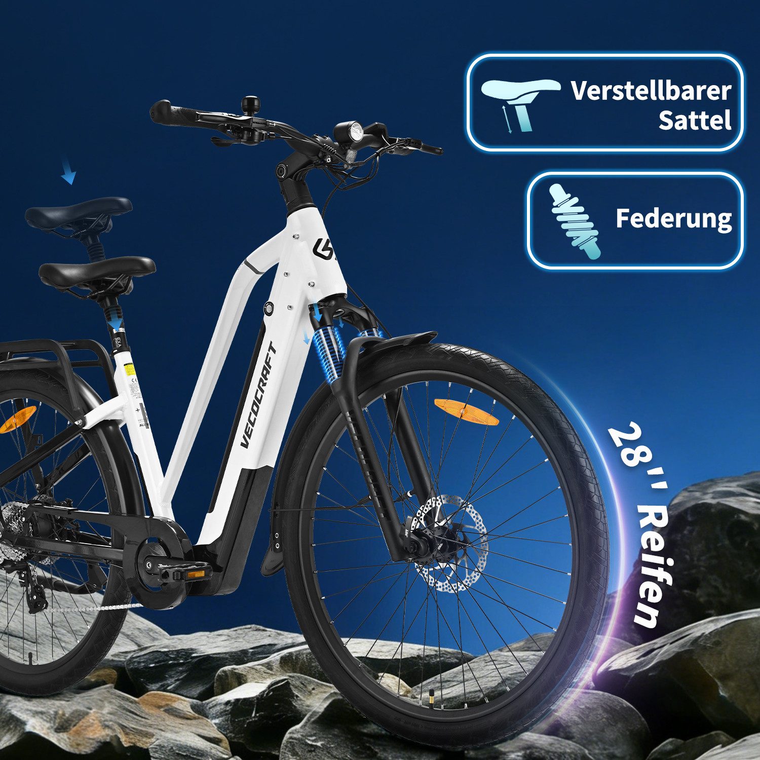 VECOCRAFT E-Bike Trekkingrad Cityrad, 28'' Elektrofahrrad Pedelec mit 48V 12Ah Akku bis 100km ARES, 8 Gang shimano, Kettenschaltung, Heckmotor, 576 Wh, (Alumini – Bild 5 von 5