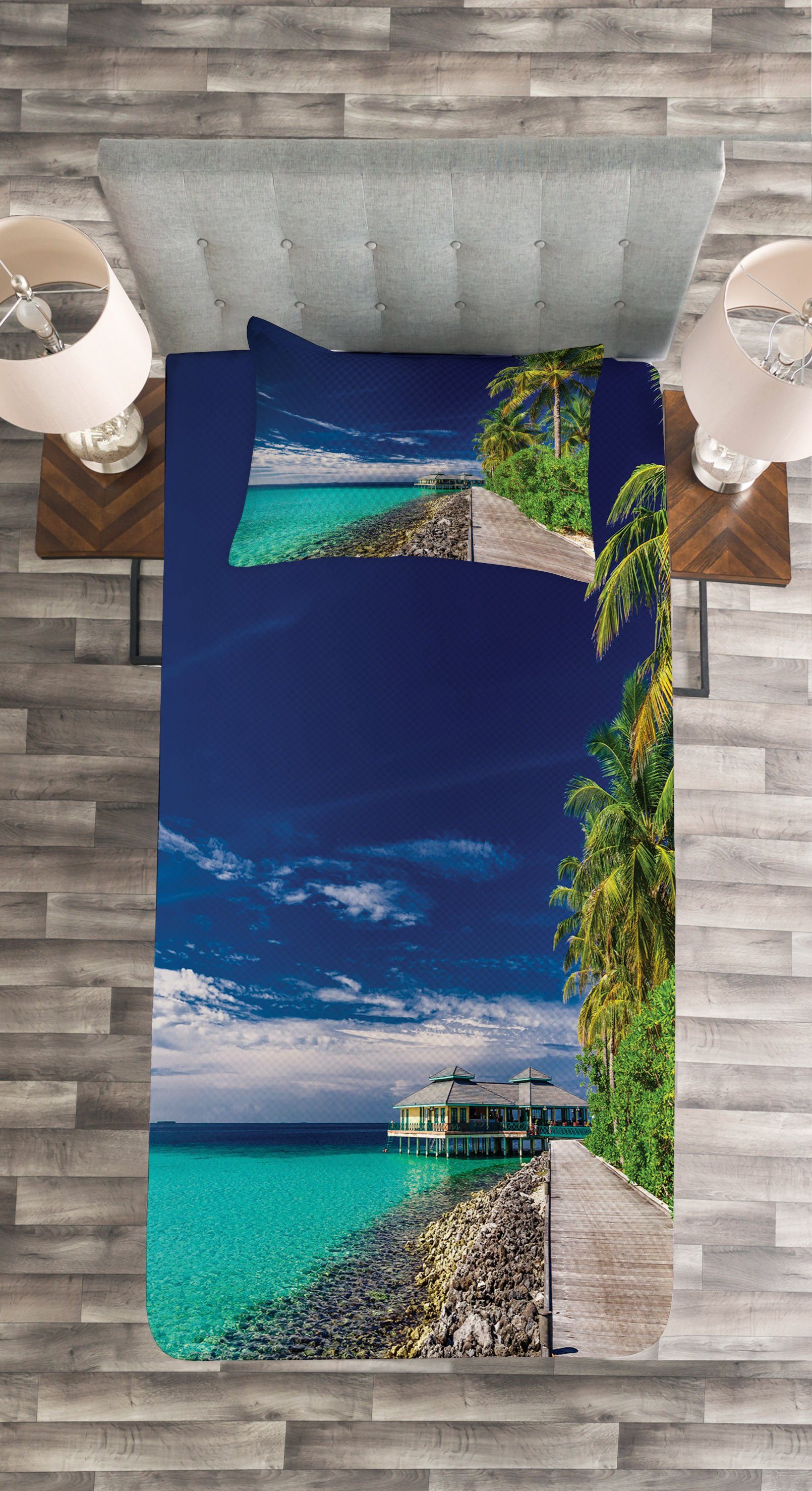 Kissenbezügen Waschbar, Abakuhaus, Strand-Palme-Himmel mit Set Tagesdecke Ozean