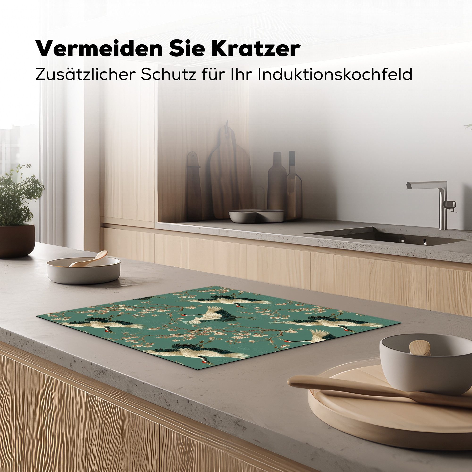 MuchoWow Herd-Abdeckplatte Kirschblüte - Umstandsblumen - Grün, Vinyl, (1 tlg), Abdeckung Induktionskochfeld Schutzmatte, Küche Deko, 65x52 cm