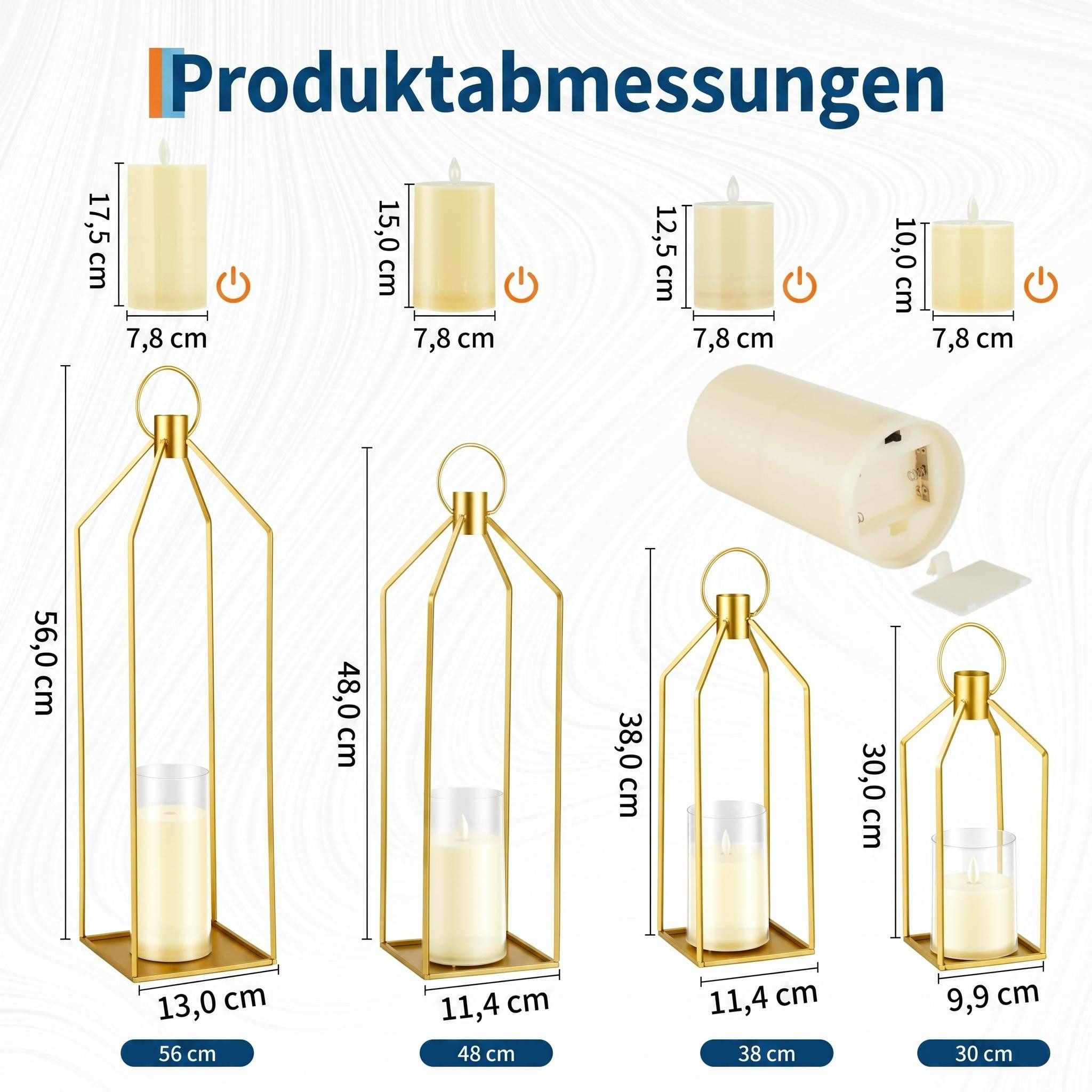 GarveeMore LED-Kerze flackernde Kerzenständer Set mit Fernbedienung, Timer (3-tlg), 30/38/48 cm, batteriebetrieben, Eisen & Acryl, Schwarz/Gold
