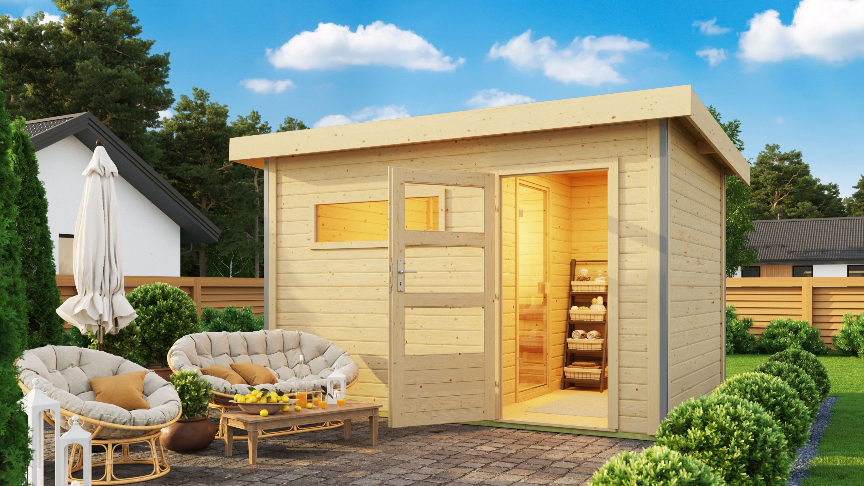 Karibu Saunahaus Saunahaus Helmi naturbelassen mit 9kW Bio Kombiofen, Steck-/Schraubsystem