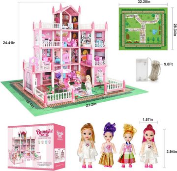 ZREE Puppenhaus XL Puppenvilla mit LED - 3 Spielebenen, (Puppenvilla, Dollhouse, Kinder, Puppenstube, Spielzeug, Puppenhaus-Zubehör und Möbel), Geschenk für 6 7 8 9 Mädchen Kleinkinder