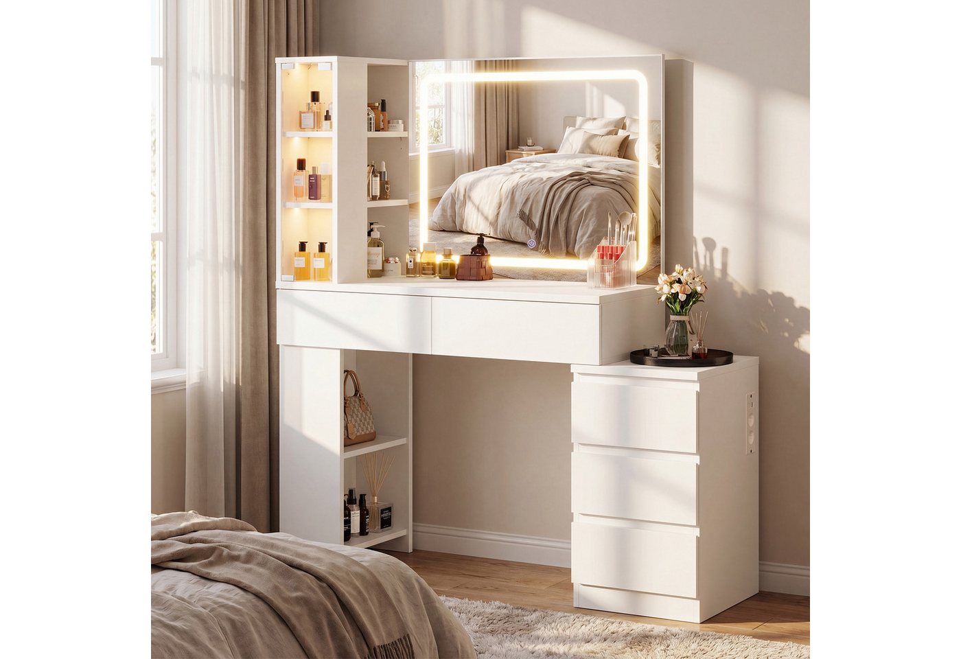 HOMALL Schminktisch LED-Beleuchtete Vitrine mit Kosmetiktisch, Helligkeit einstellbar (Maße: 127 × 40 × 138 cm, 3-stufige Dimmung, mit 5 Schubladen, 5 offenen Ablagefächern, 3 Glasvitrinen, 2 Steckdosen, 1 USB-Anschluss, 1 Typ-C-Anschluss, Seitenschränke