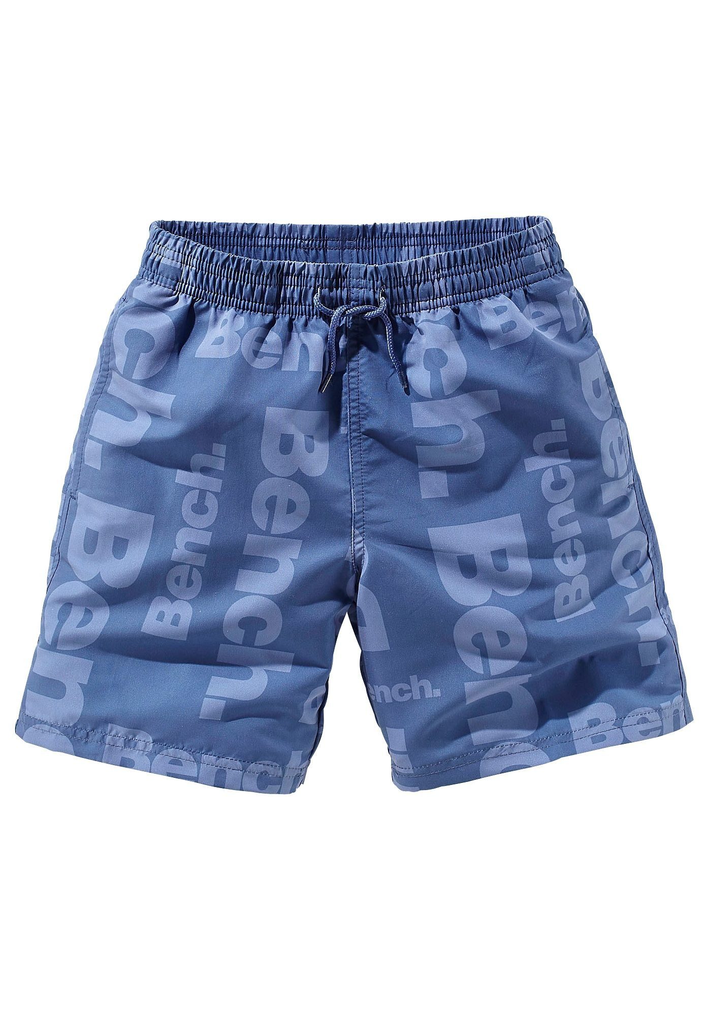 Logodruck mit allover Bench. Badeshorts blau