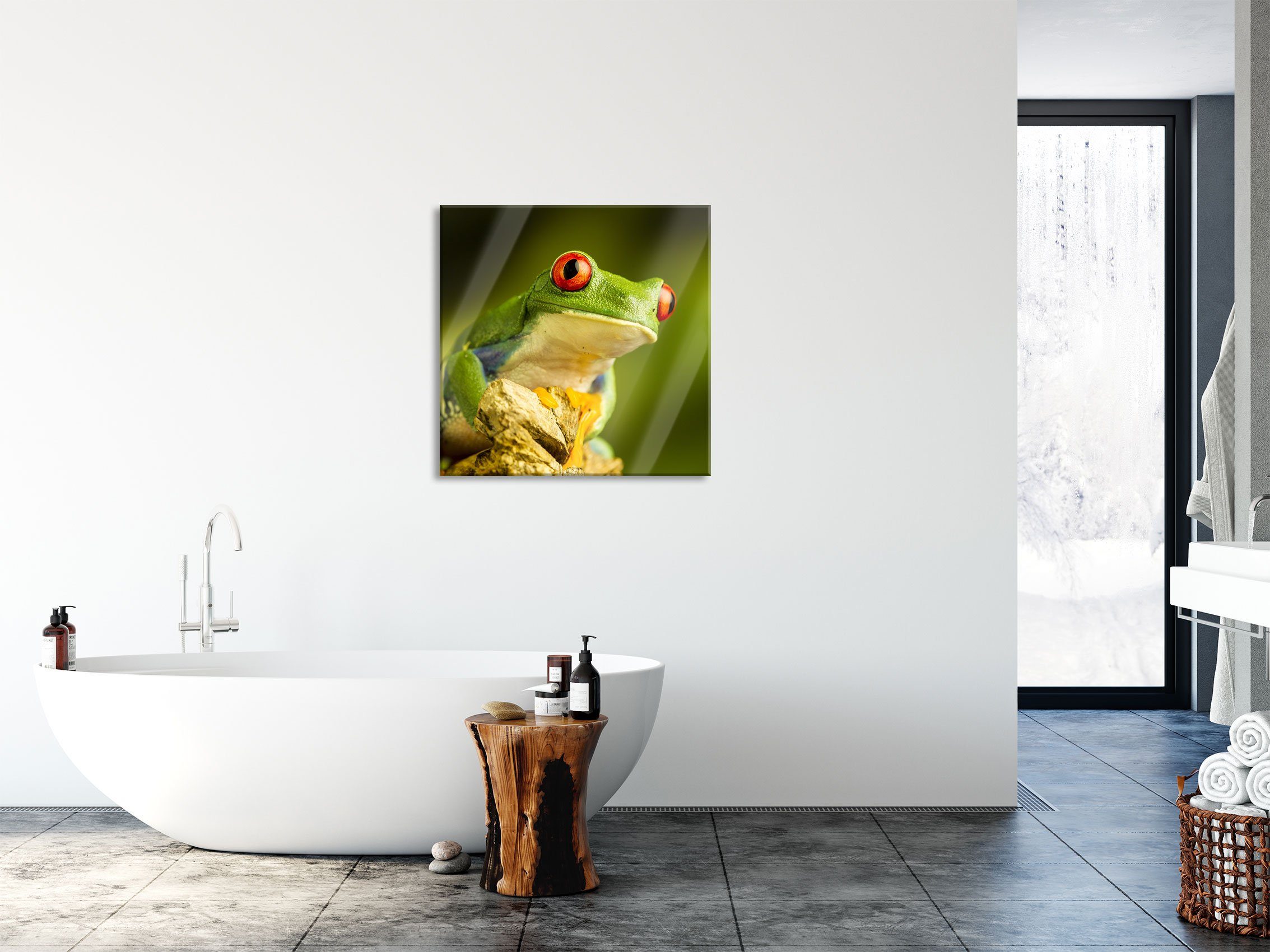 Grüner Frosch, Grüner Glasbild Frosch Echtglas, Rotaugen St), und (1 Abstandshalter Glasbild Rotaugen Aufhängungen aus inkl. Pixxprint