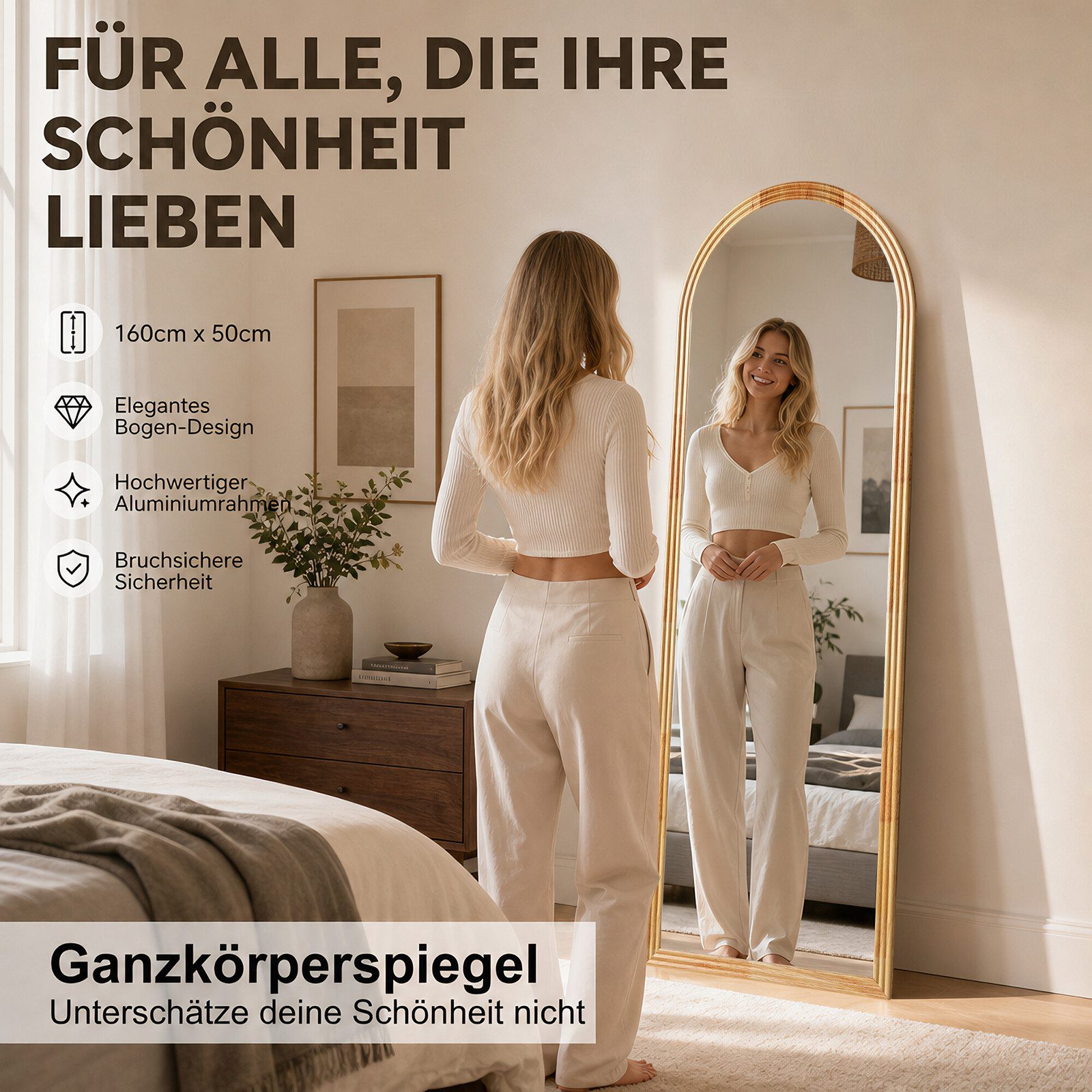 BBWL Ganzkörperspiegel 160 x 50 cm, Großer Standspiegel, mit stabilem Standfuß, Holzrahmen in Bogenform,HD Spiegelglas, stabiler Rahmen – Bild 5 von 5