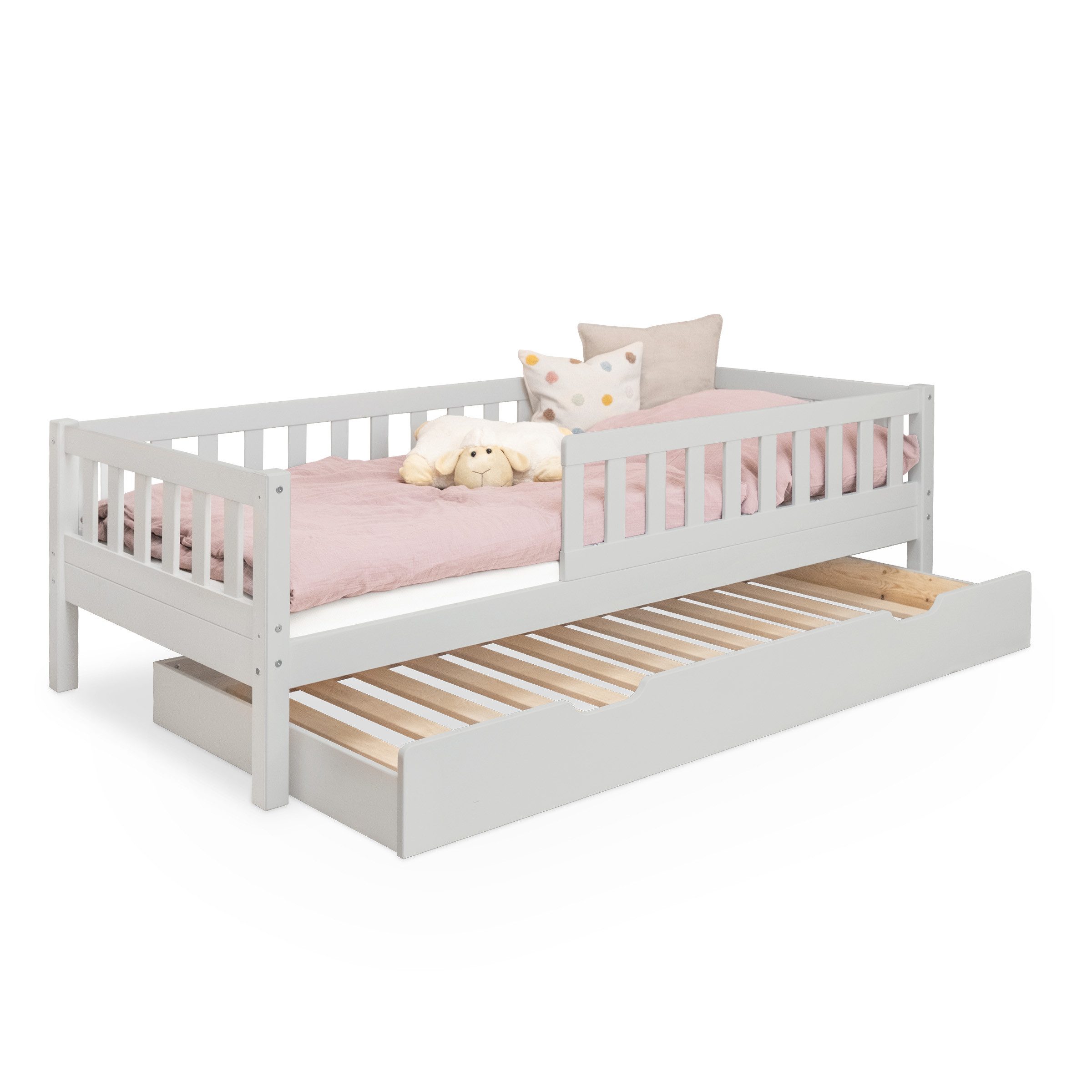 Ehrenkind Kinderbett Lille aus massivem Kieferholz inkl. Rollrost und Rausfallschutz (90x200 cm Hellgrau, 2-in-1: Mit optionalem Umbauset zum Bodenbett umbaubar), flexibler Rausfallschutz beidseitig montierbar